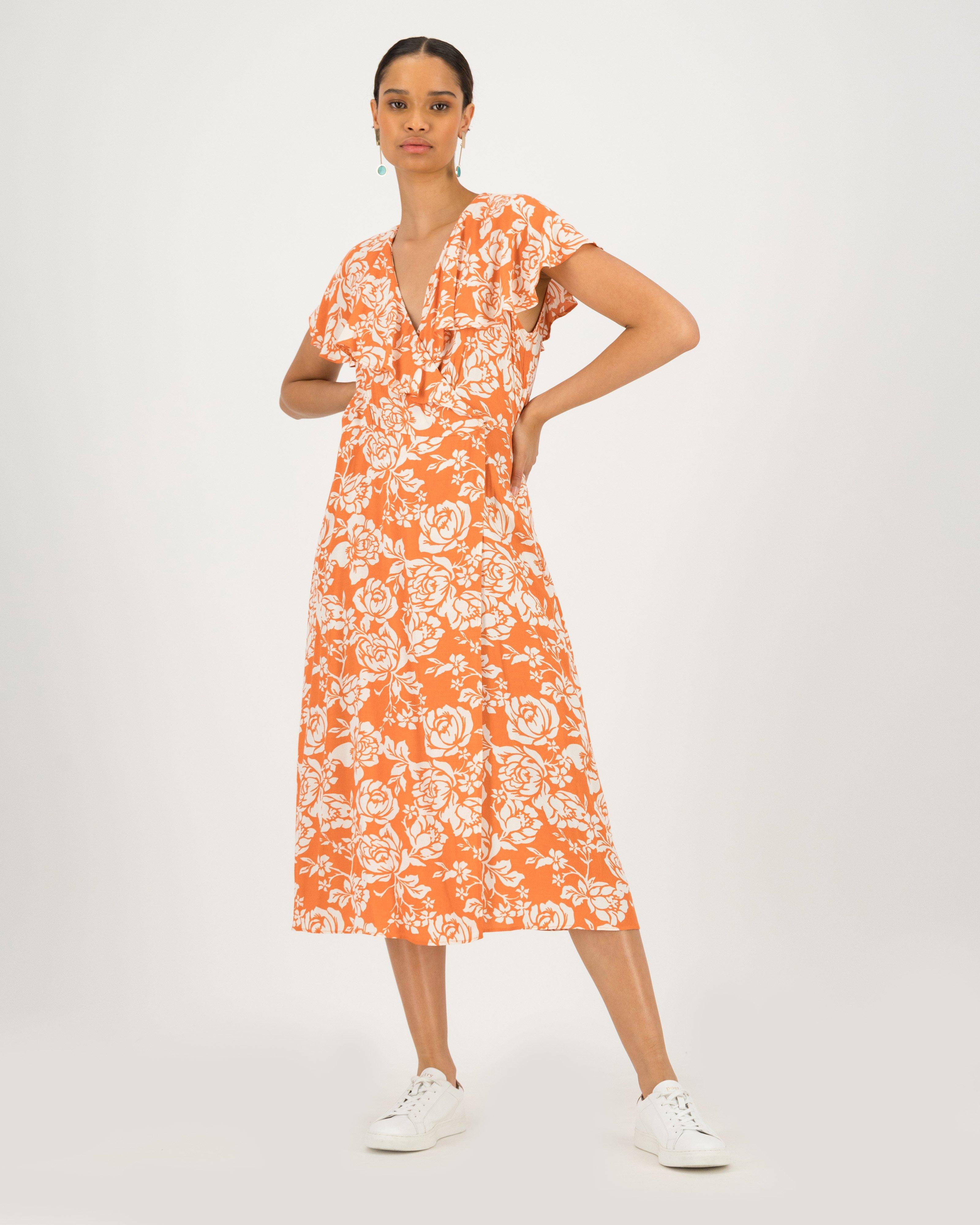 Suzanne Printed Ruffle Dress -  orange