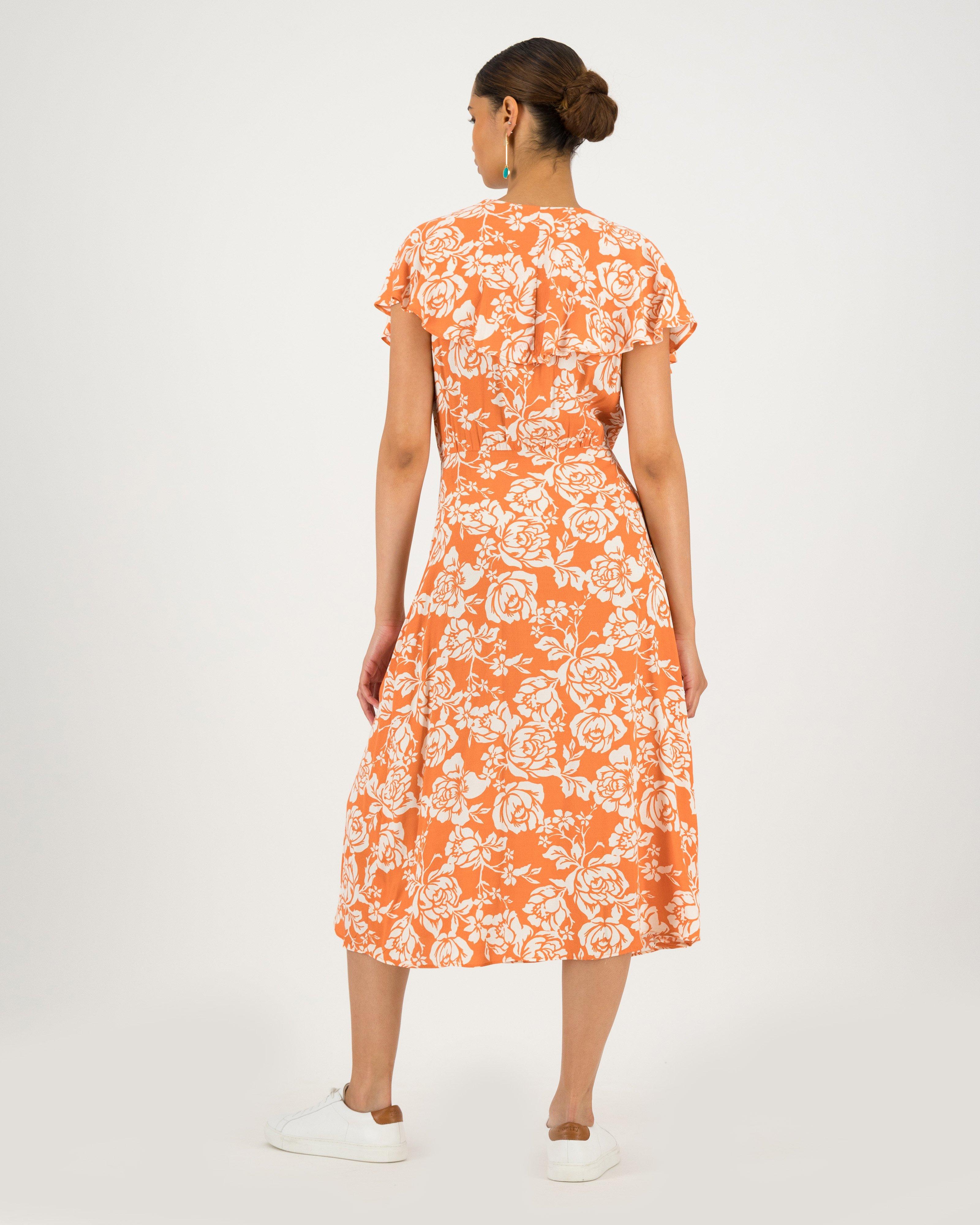 Suzanne Printed Ruffle Dress -  orange