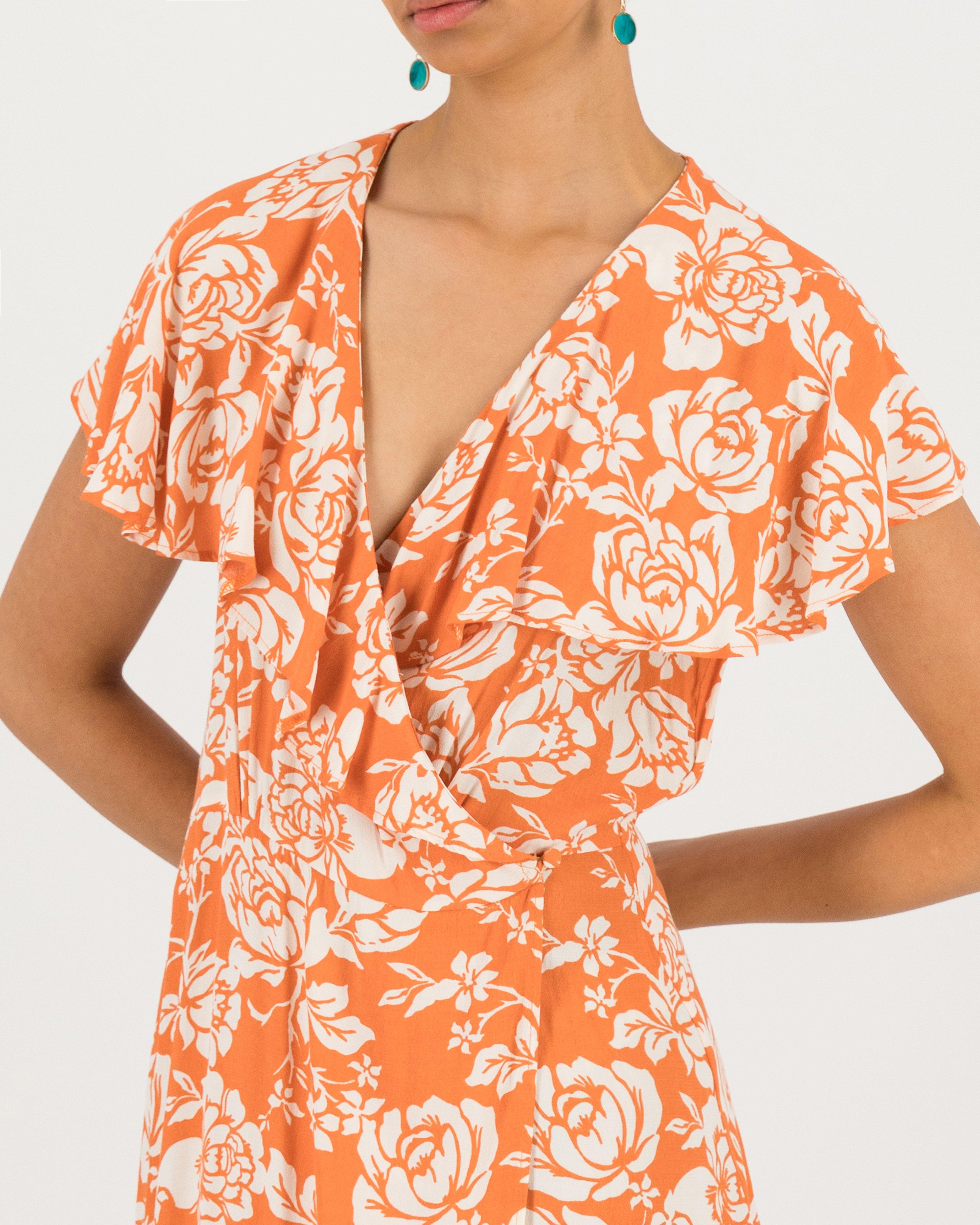 Suzanne Printed Ruffle Dress -  orange