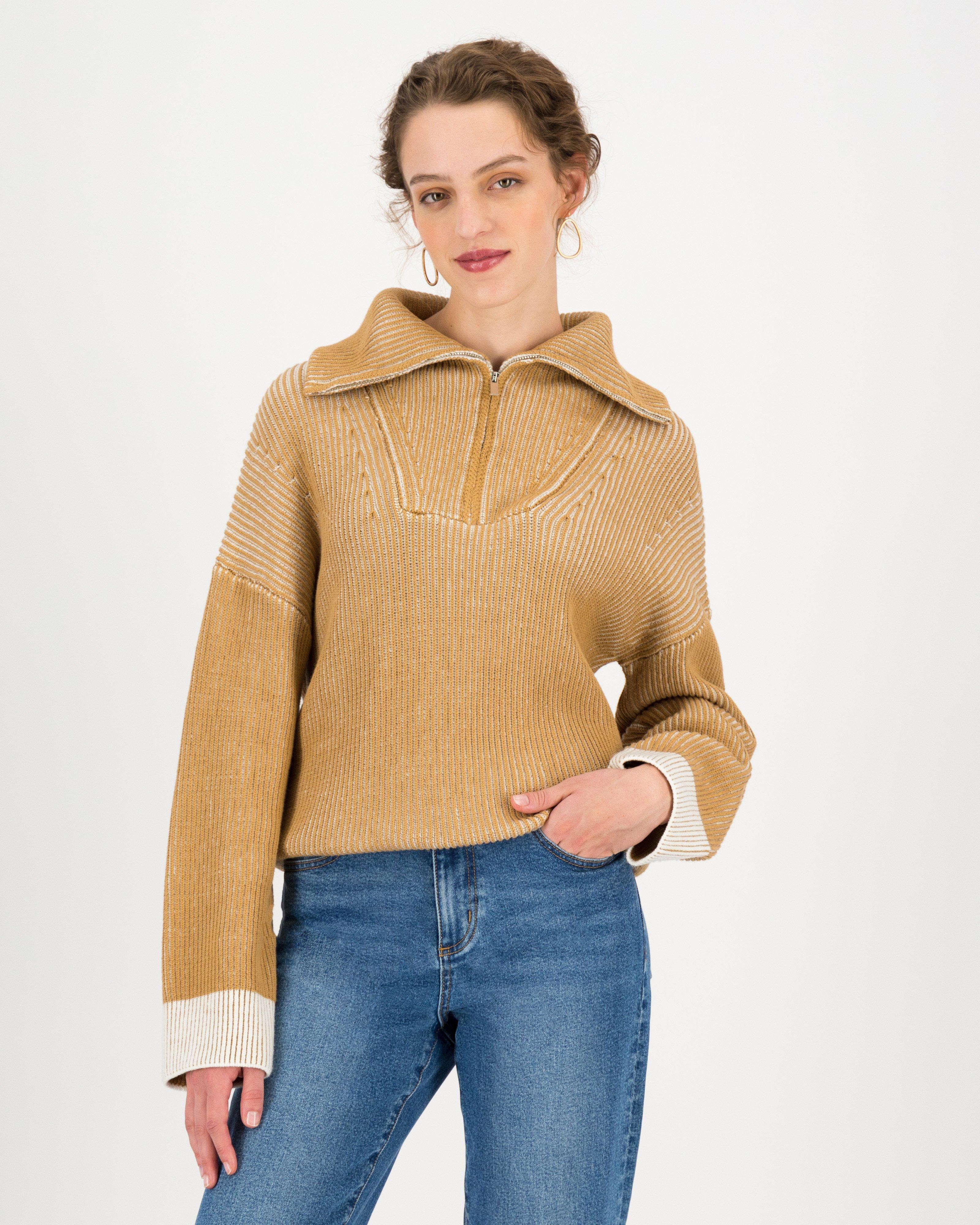 Faye Two-Toned Quarter Zip Jumper -  stone