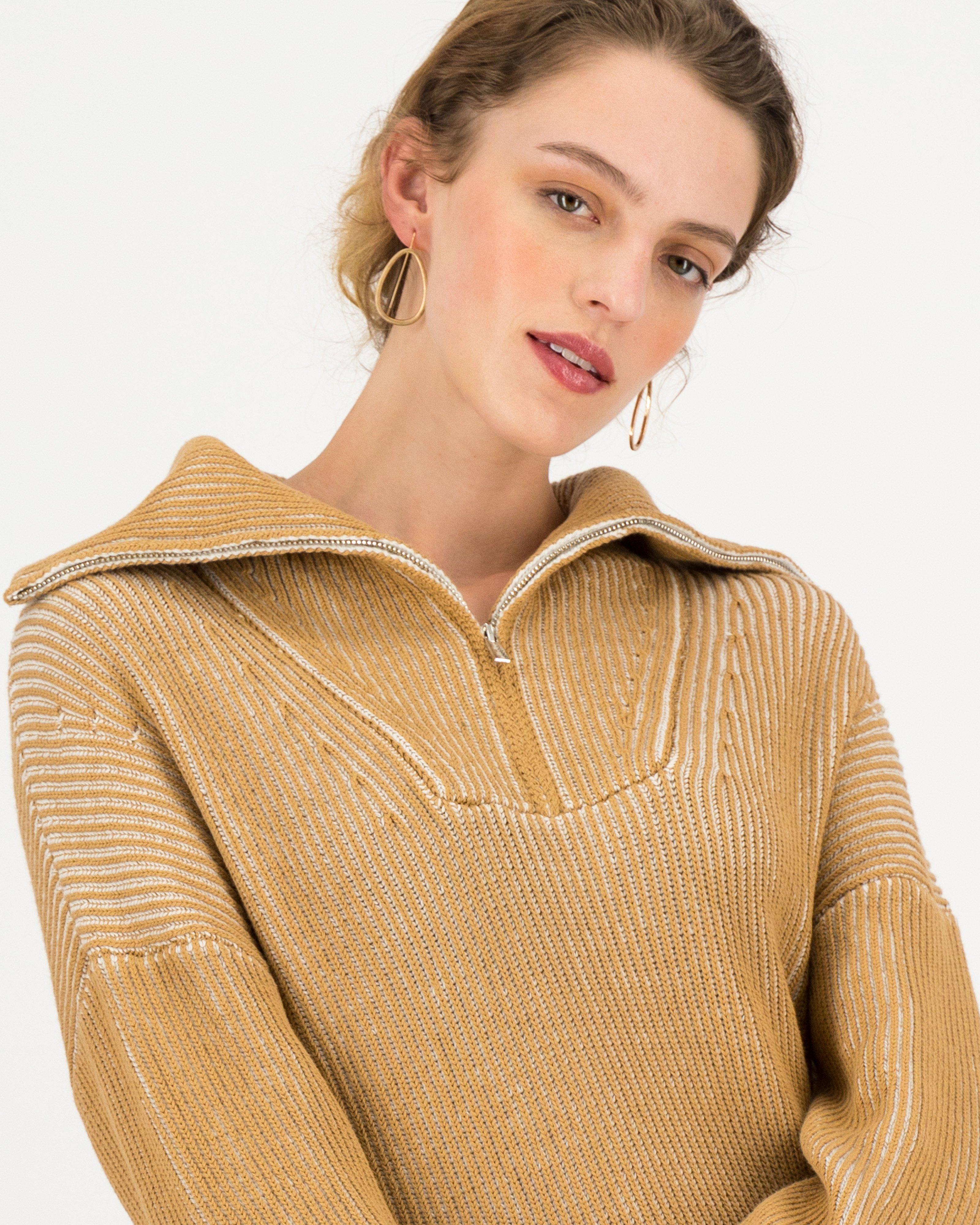 Faye Two-Toned Quarter Zip Jumper -  stone