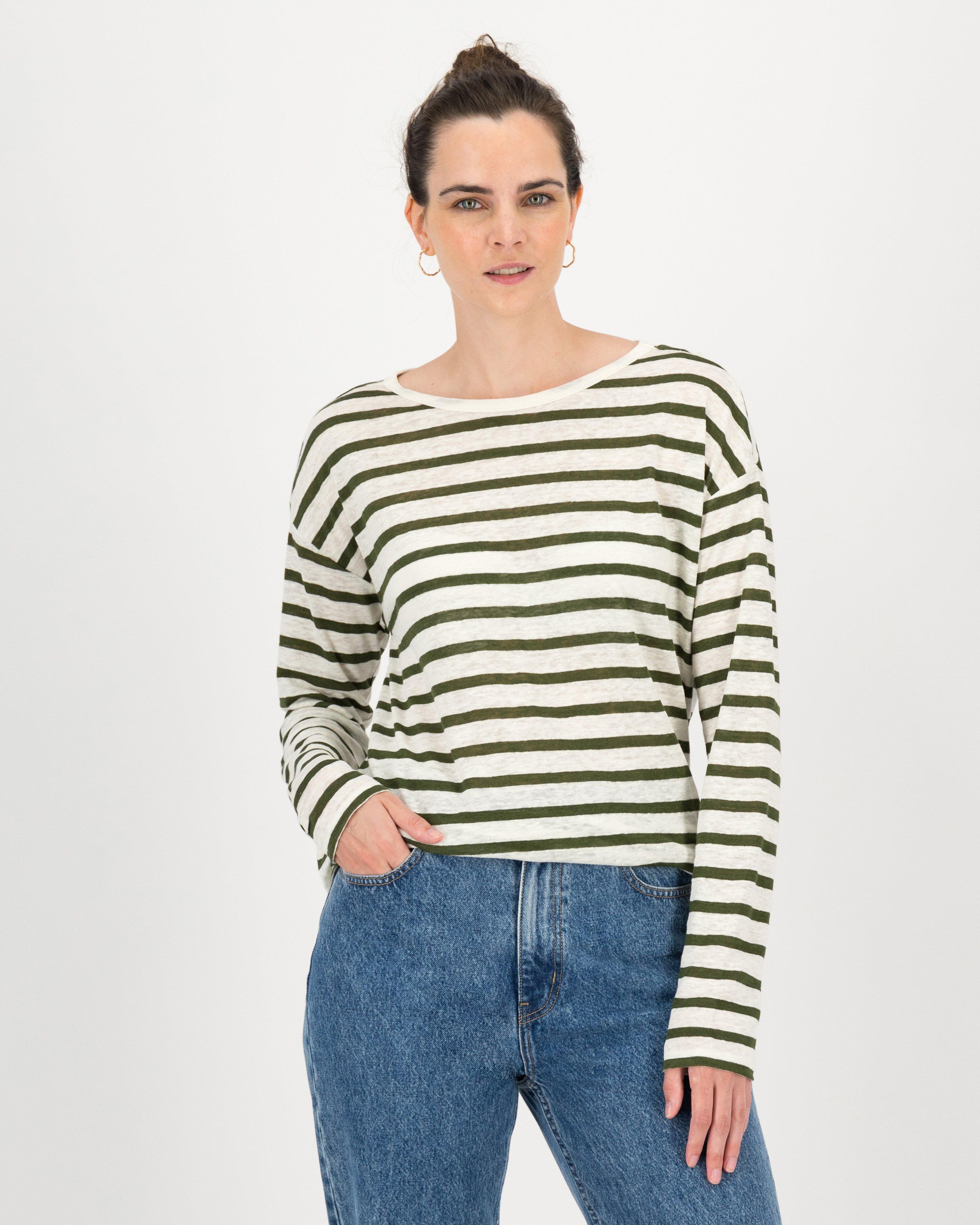 Hailee Linen Striped T-Shirt -  darkolive