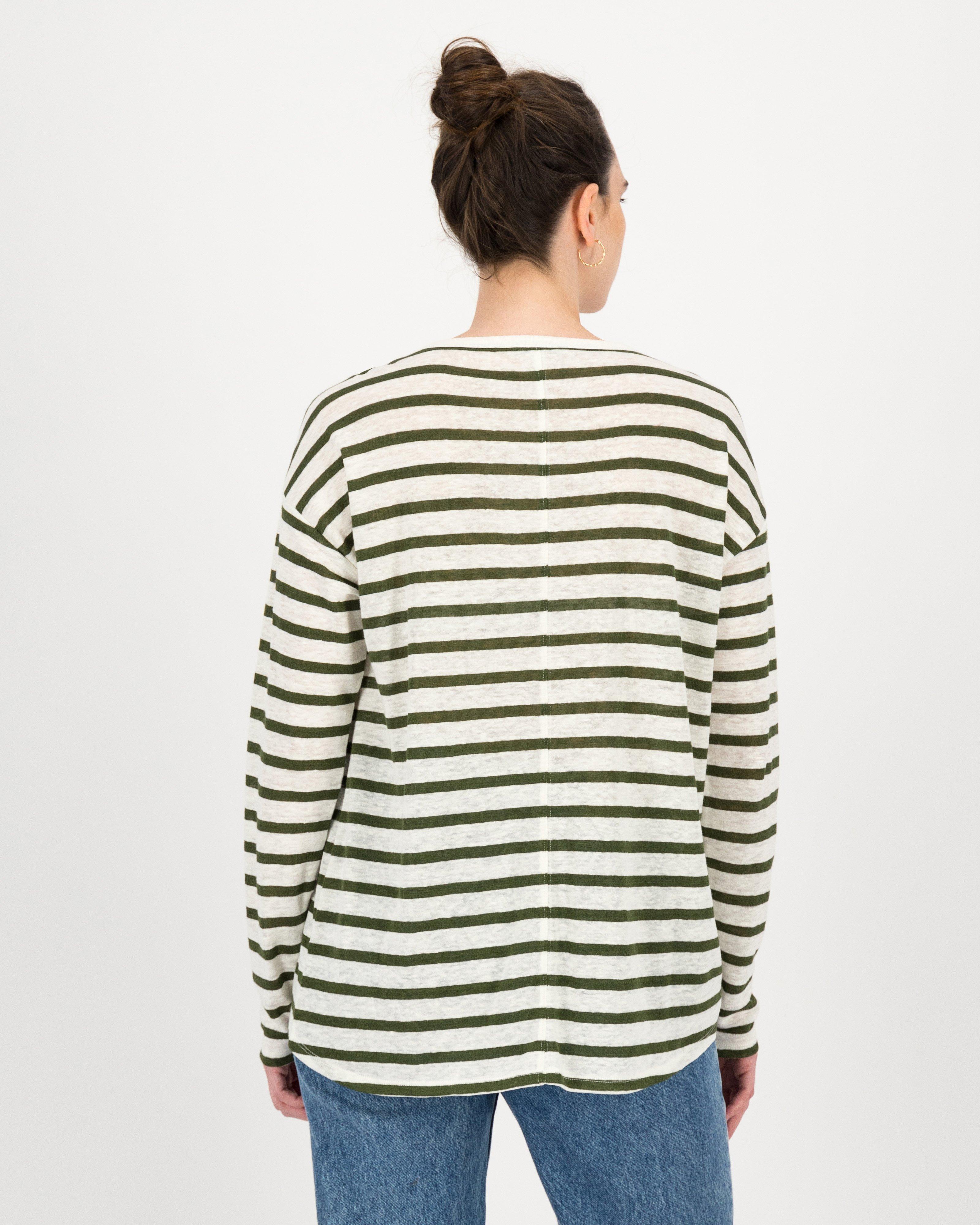 Hailee Linen Striped T-Shirt -  darkolive