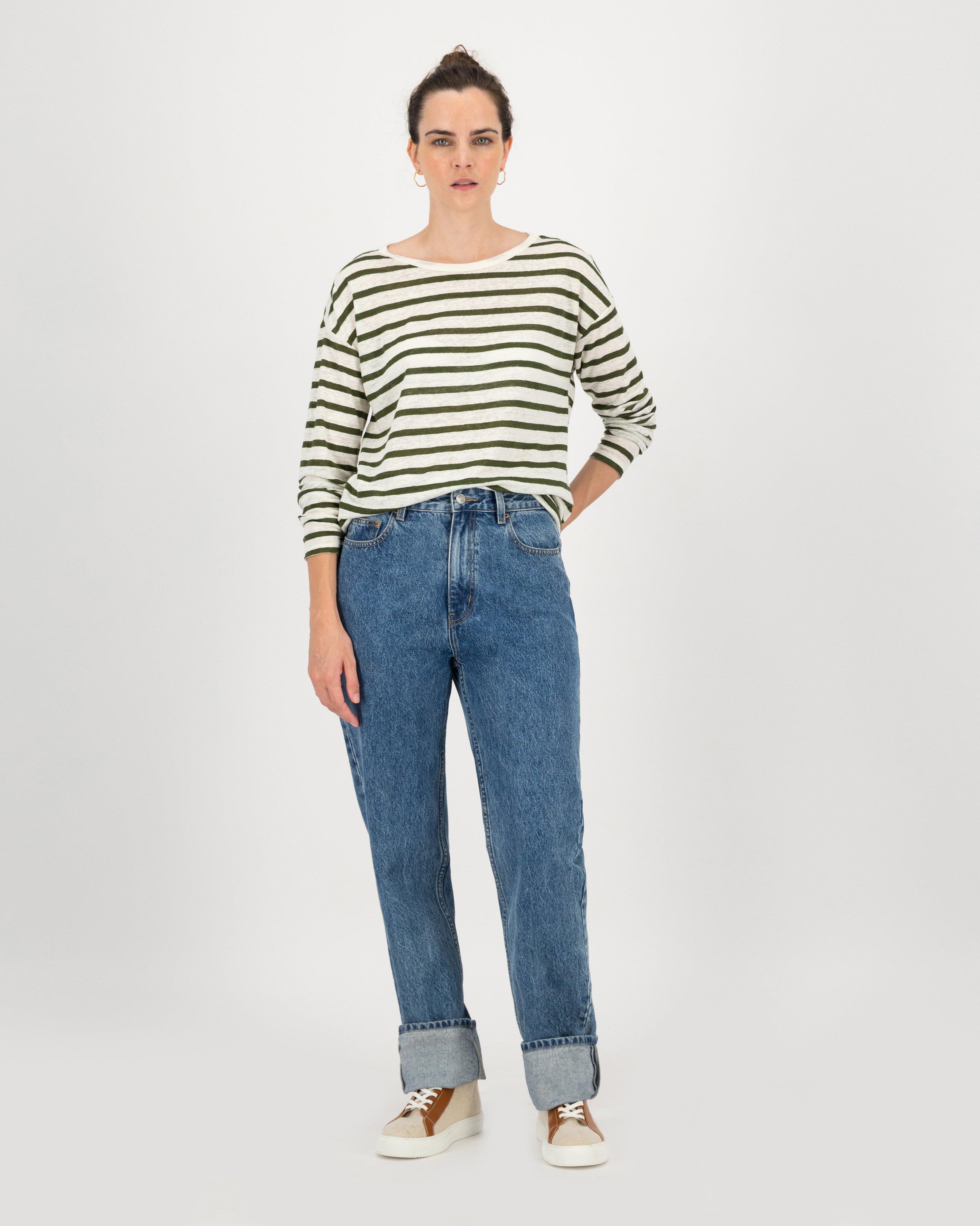 Hailee Linen Striped T-Shirt -  darkolive