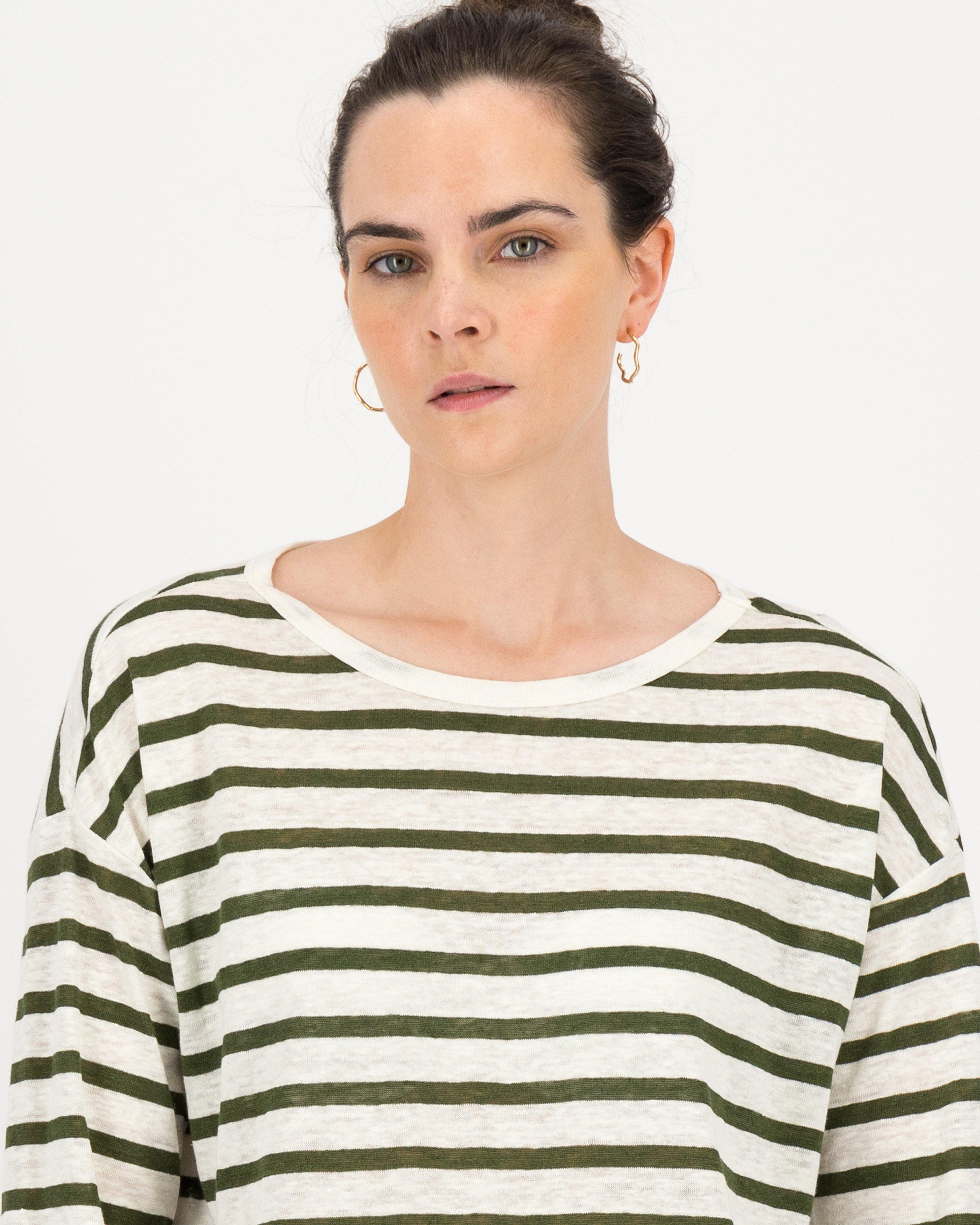 Hailee Linen Striped T-Shirt -  darkolive