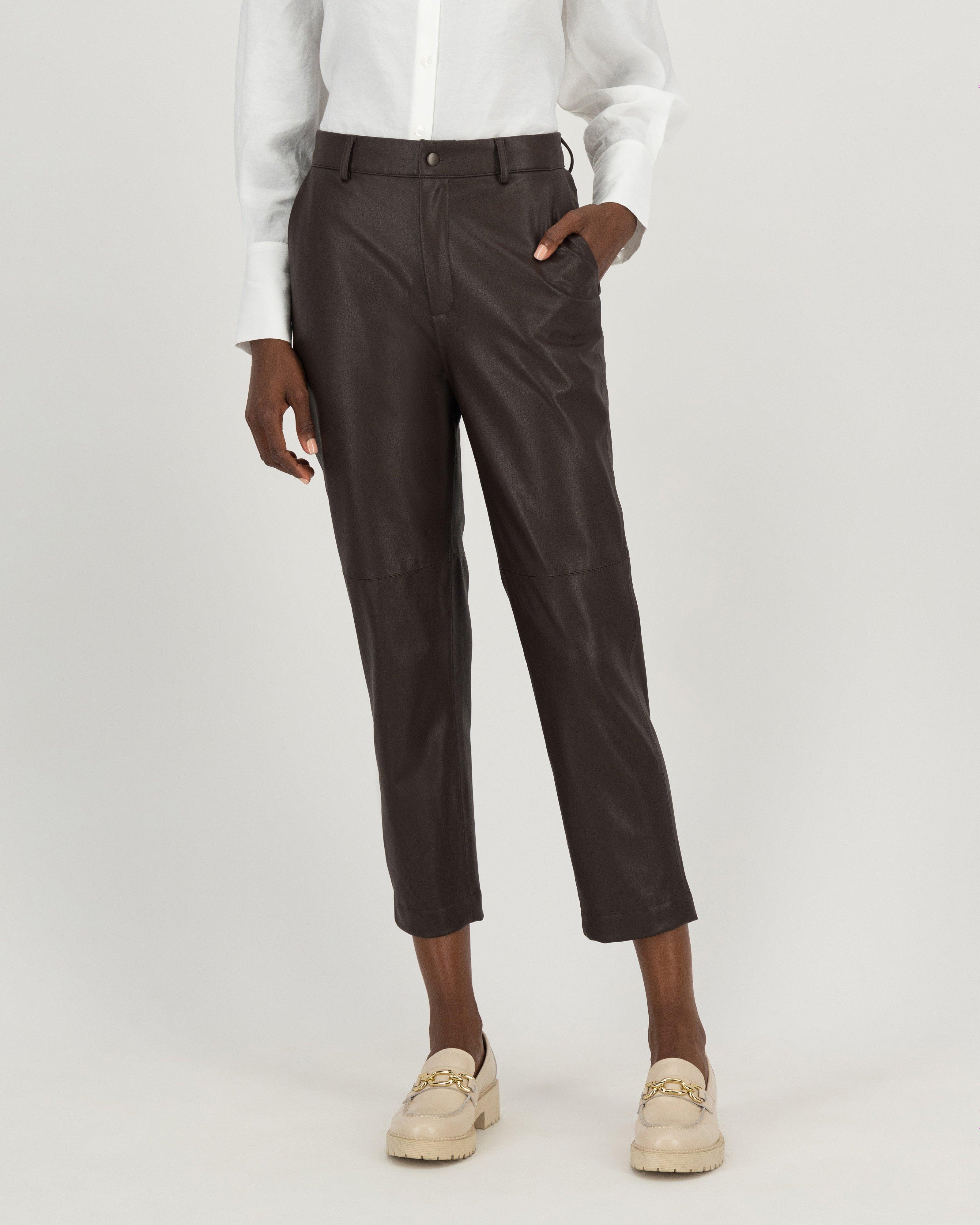 Lisa Faux Leather Slim-Leg Pants -  brown