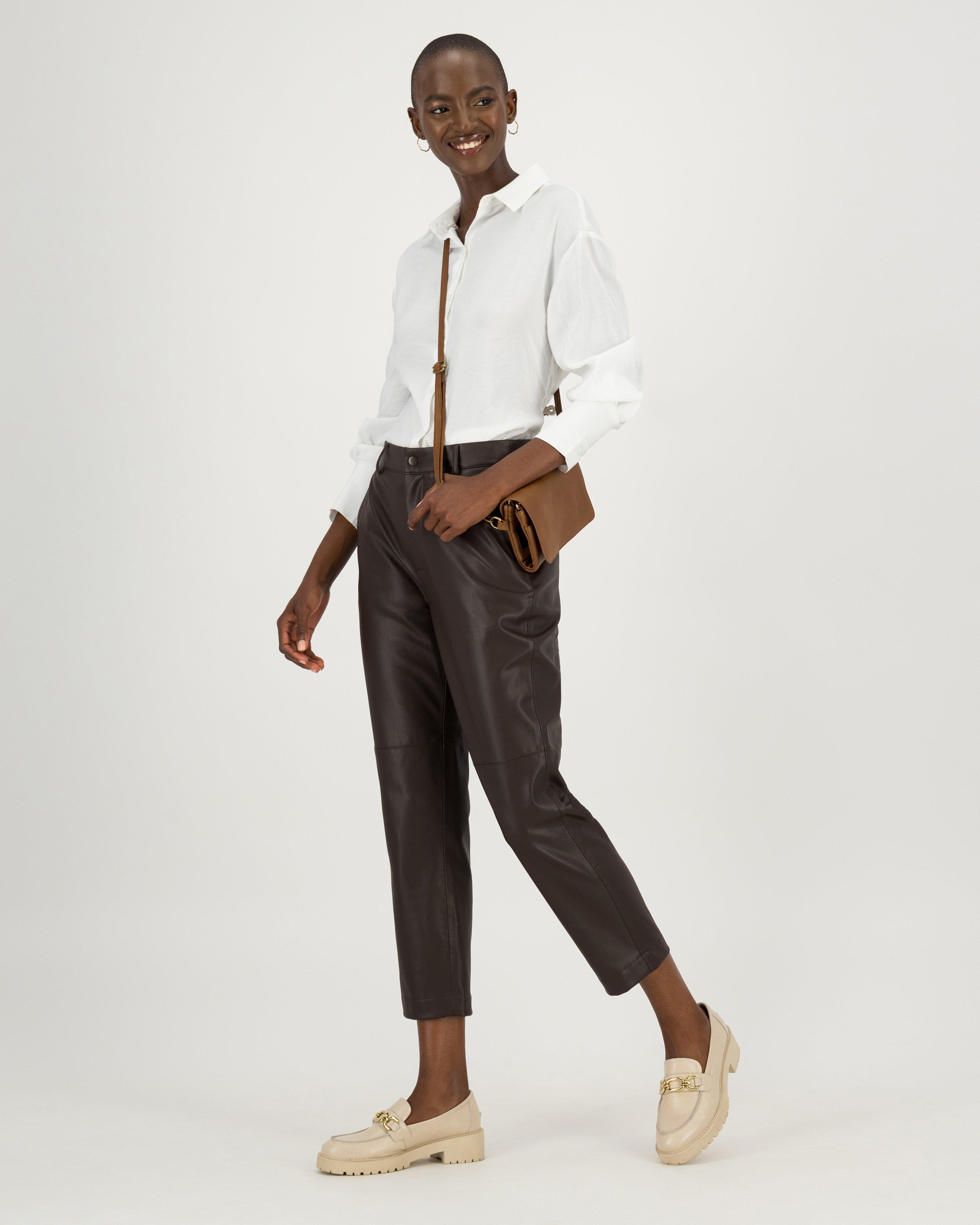 Lisa Faux Leather Slim-Leg Pants -  brown