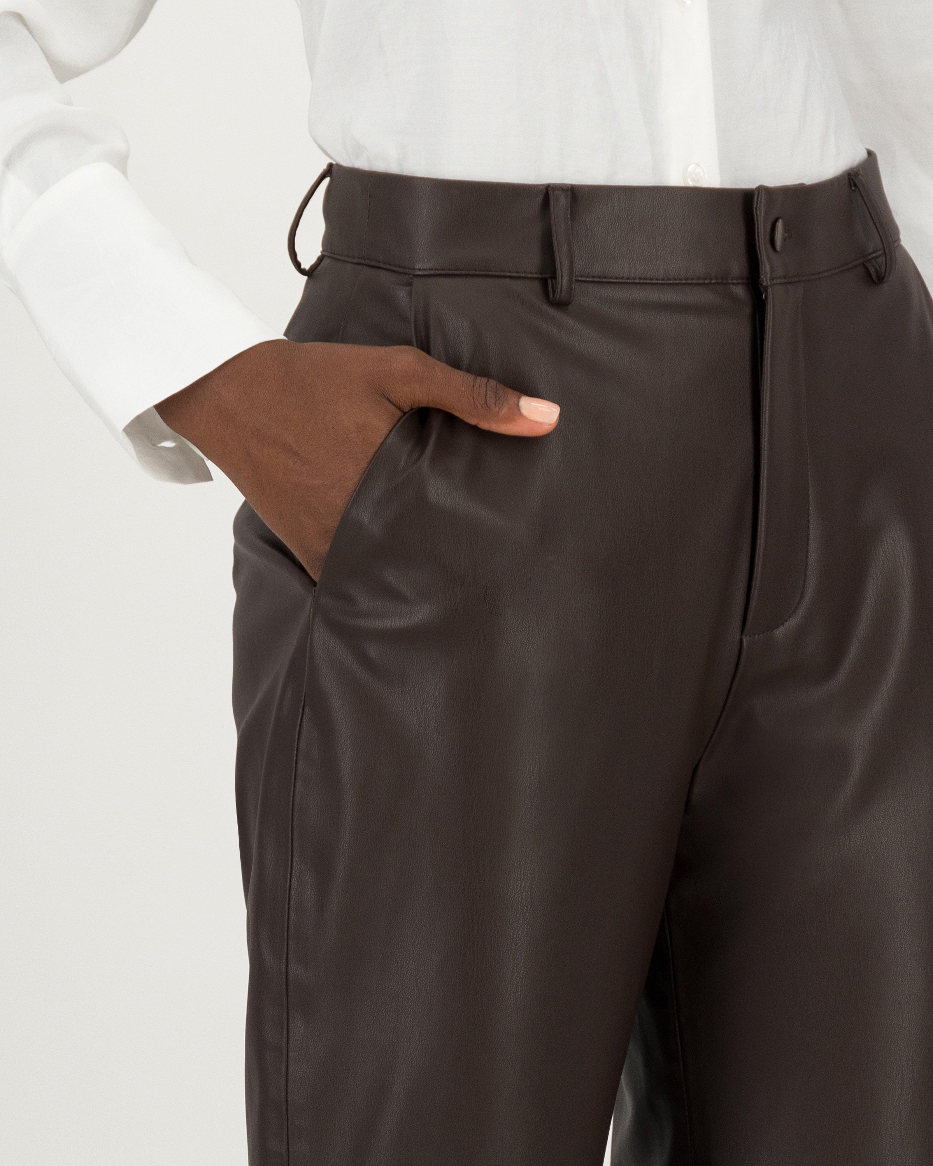 Lisa Faux Leather Slim-Leg Pants -  brown