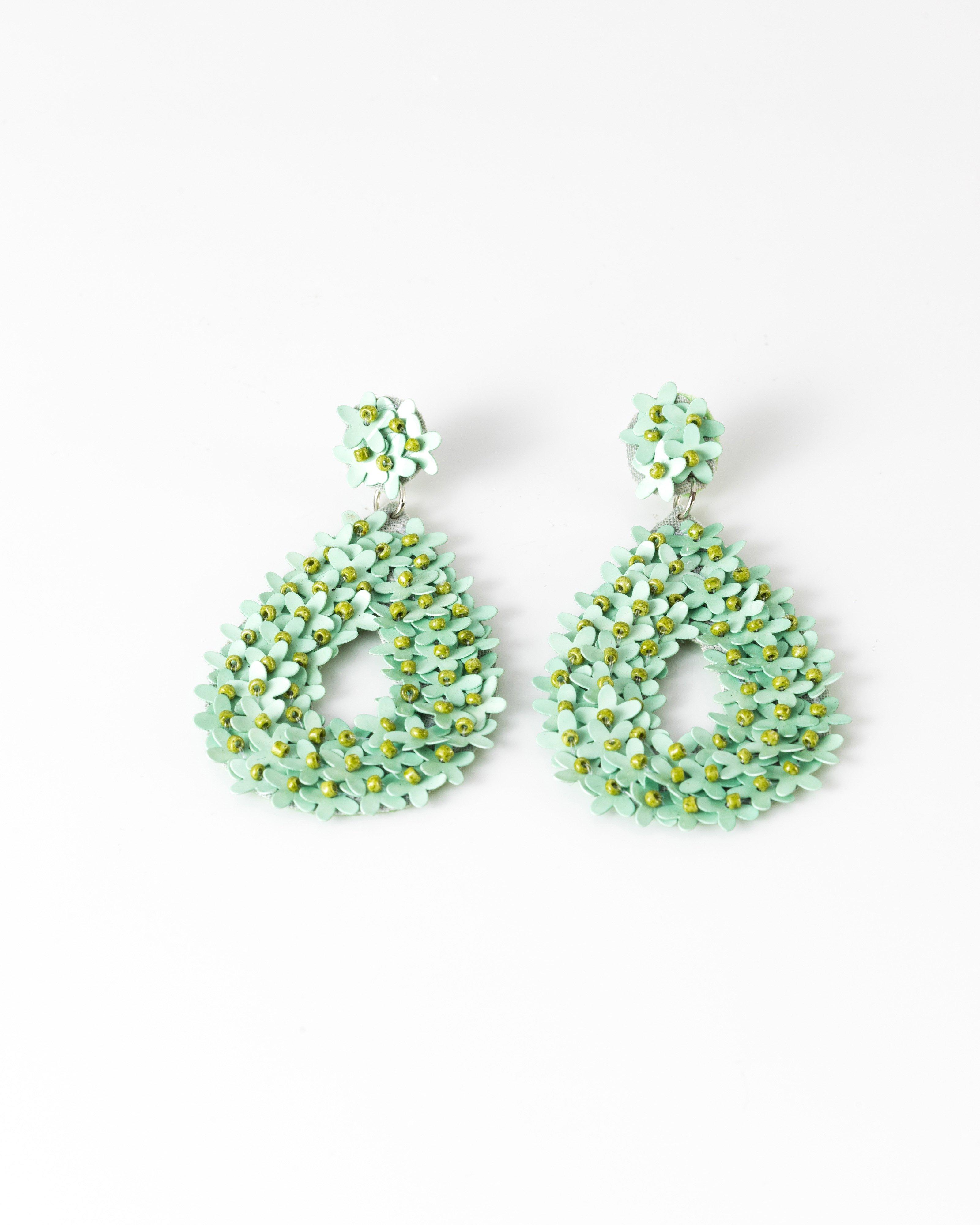 Mini Flower Teardrop Sequin Earrings -  aqua