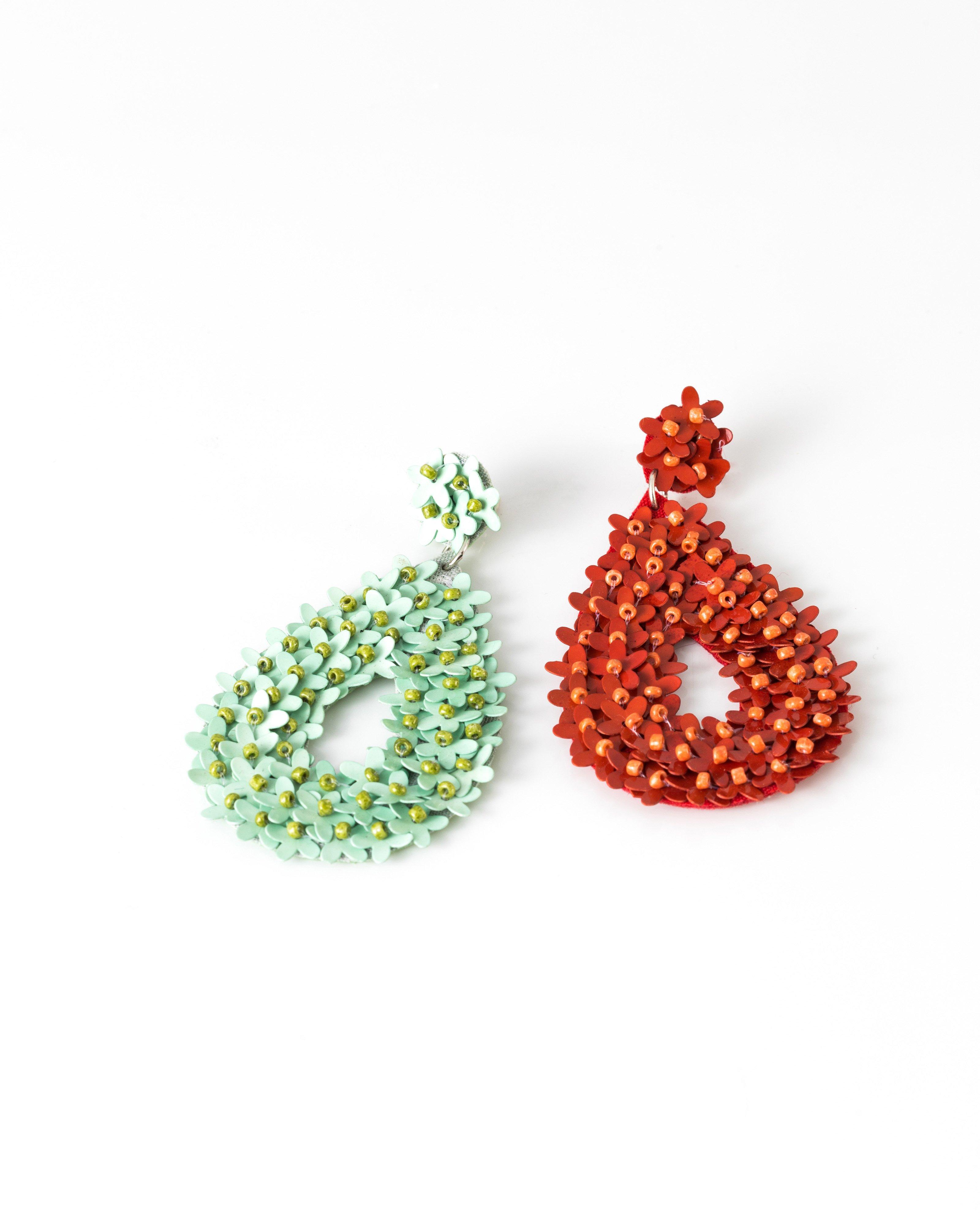 Mini Flower Teardrop Sequin Earrings -  aqua