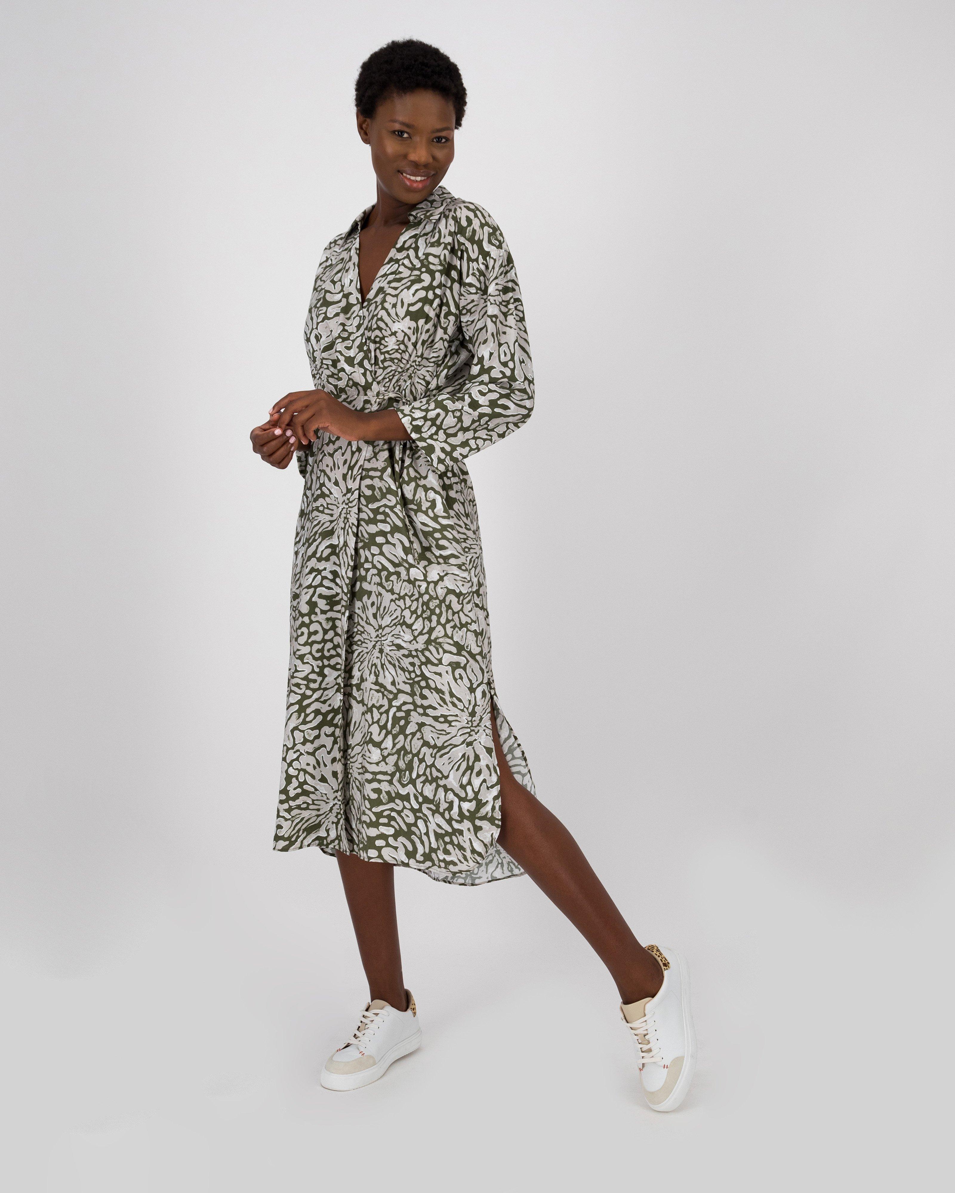 Madison Printed Self Tie Dress -  green