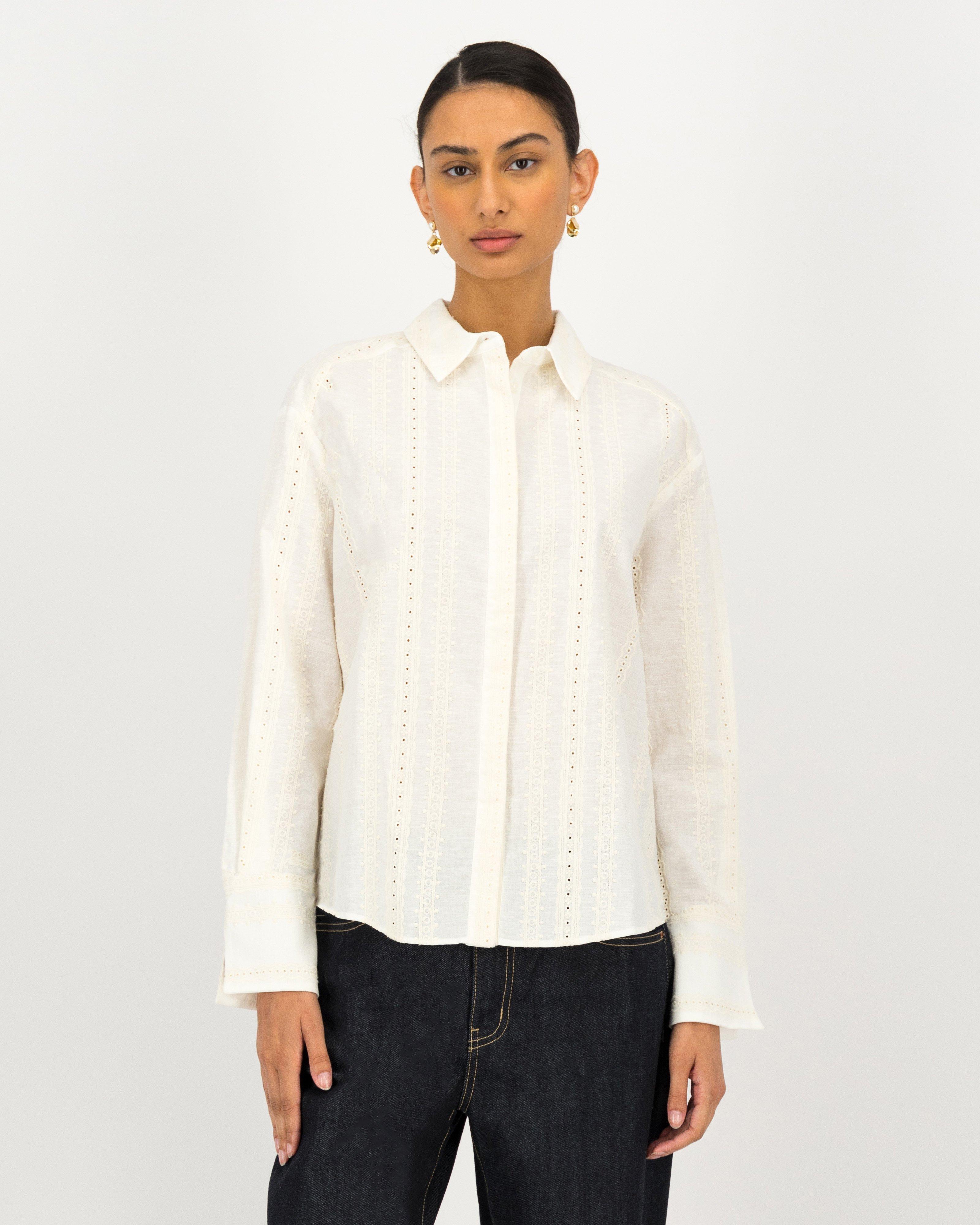 Rosalie Embroidered Linen Shirt -  milk