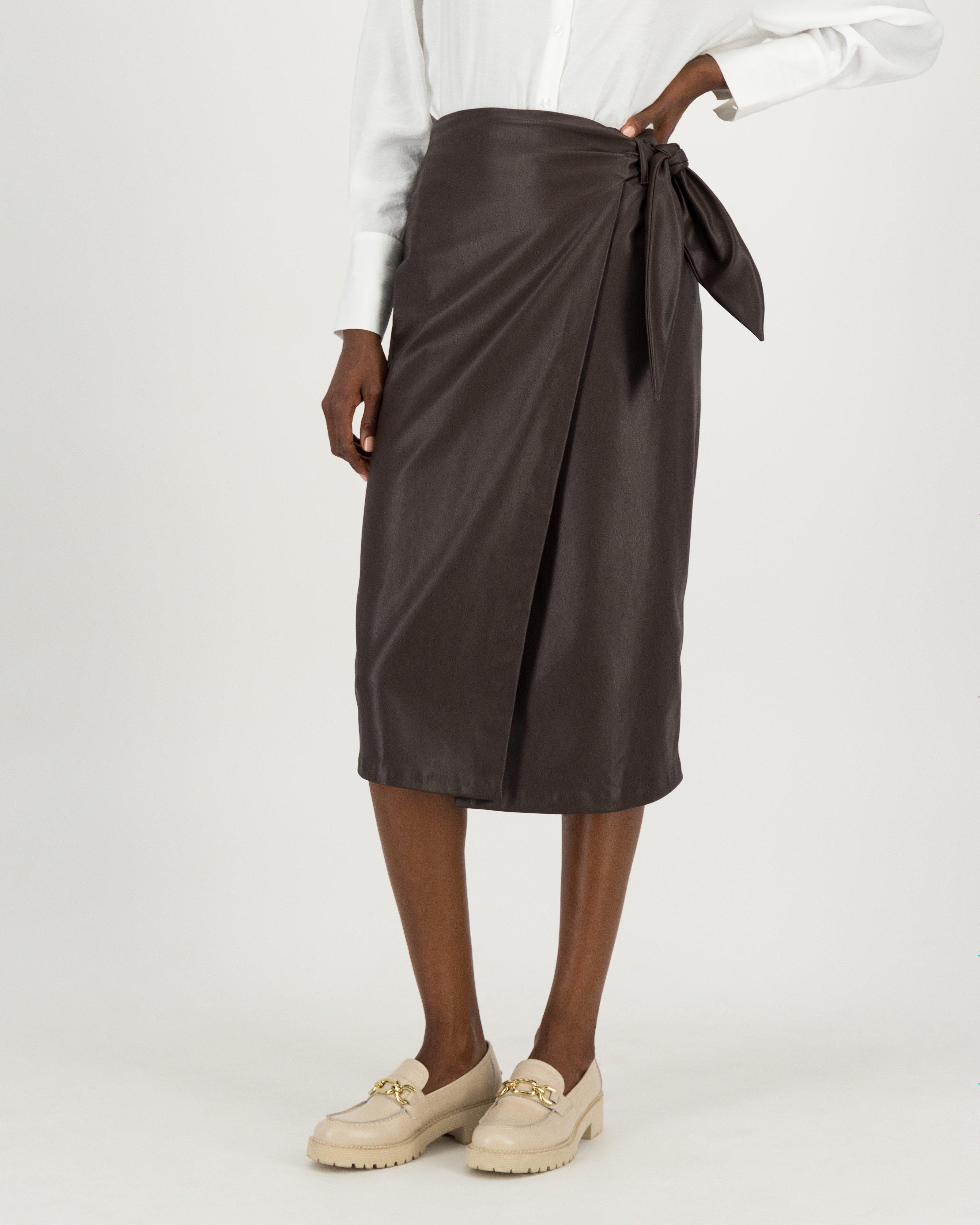 Vida Faux Leather Wrap Skirt -  chocolate