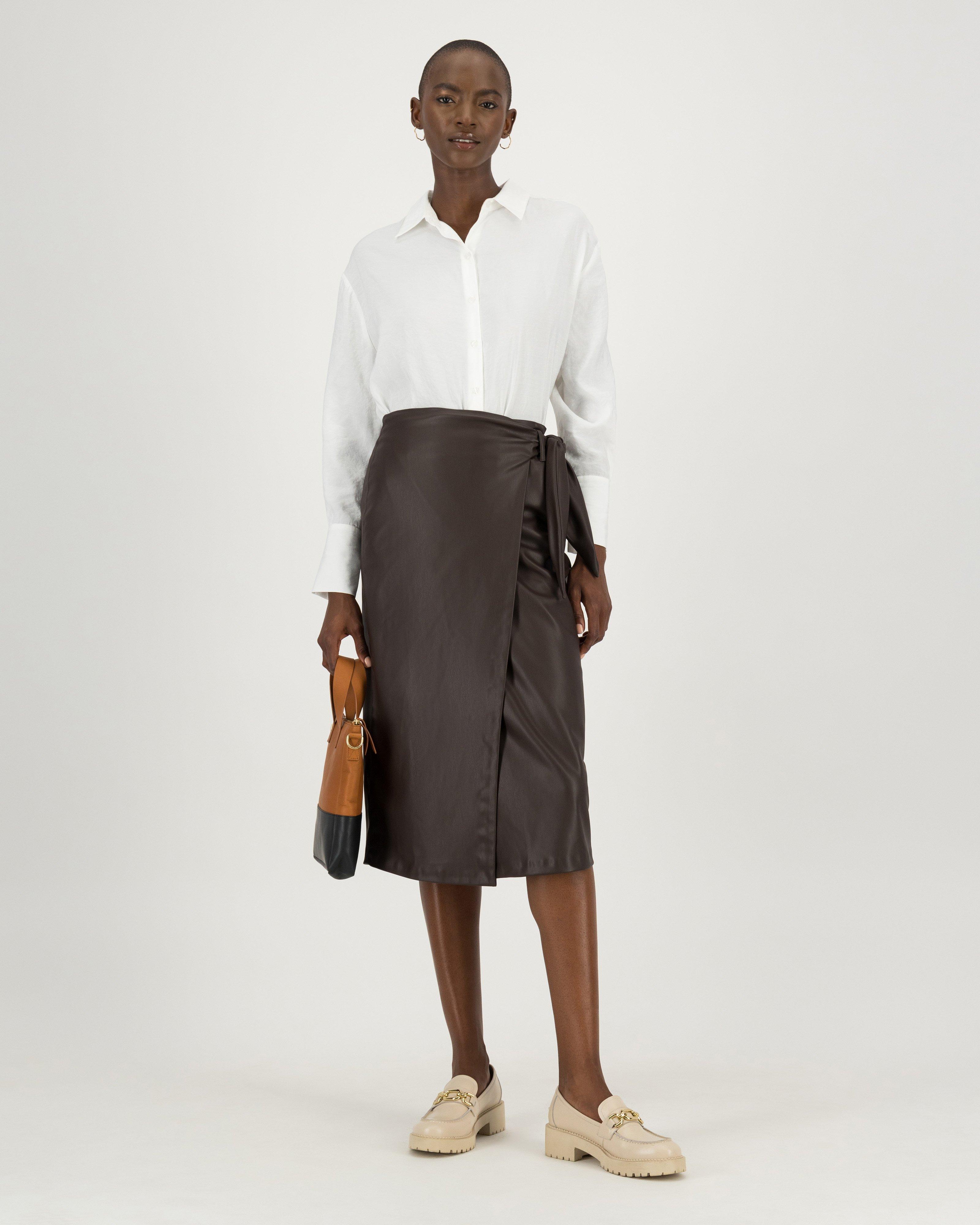 Vida Faux Leather Wrap Skirt -  chocolate