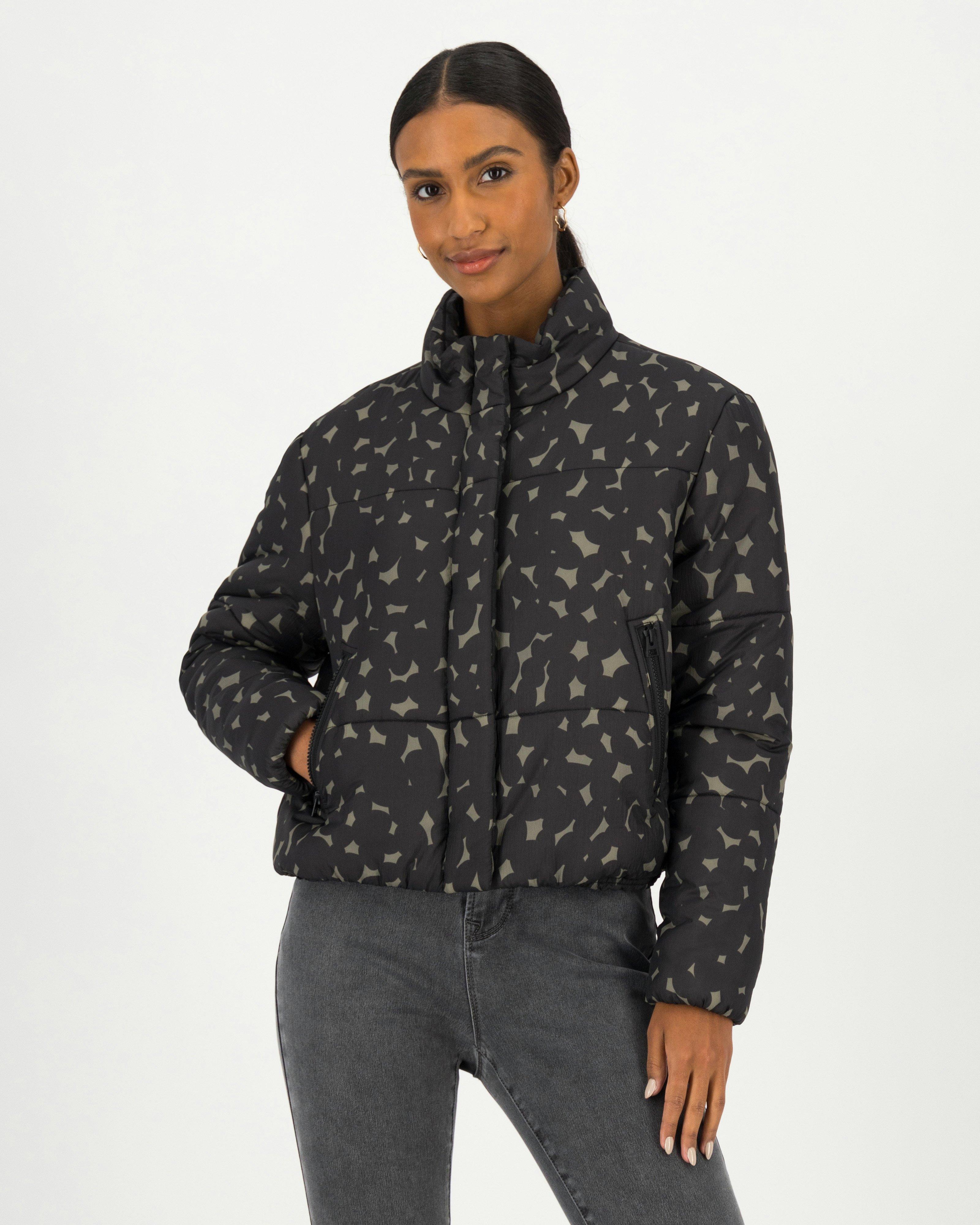 Yvonne Cropped Printed Puffer Jacket -  black