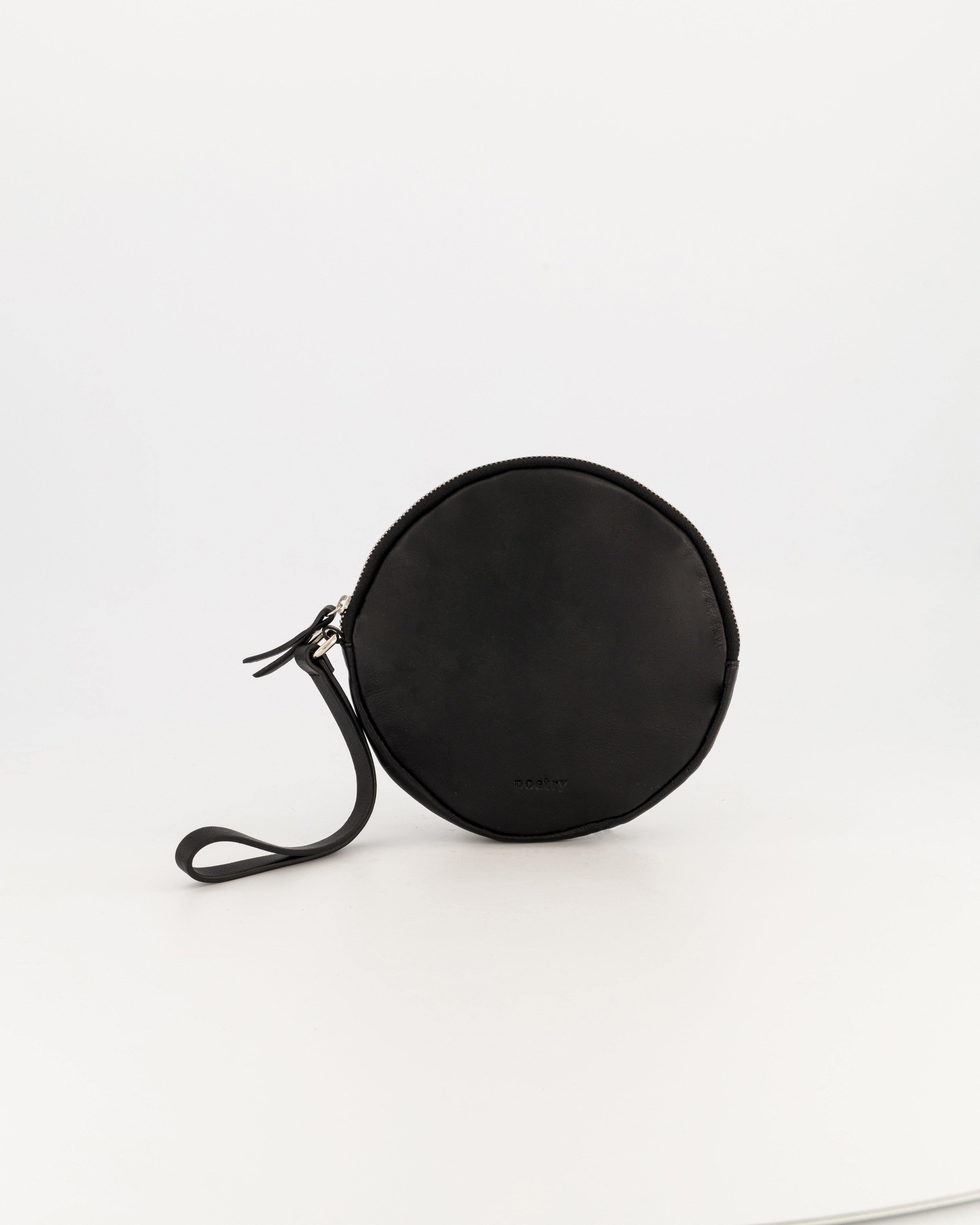 Iris Round Leather Clutch-Pouch -  black