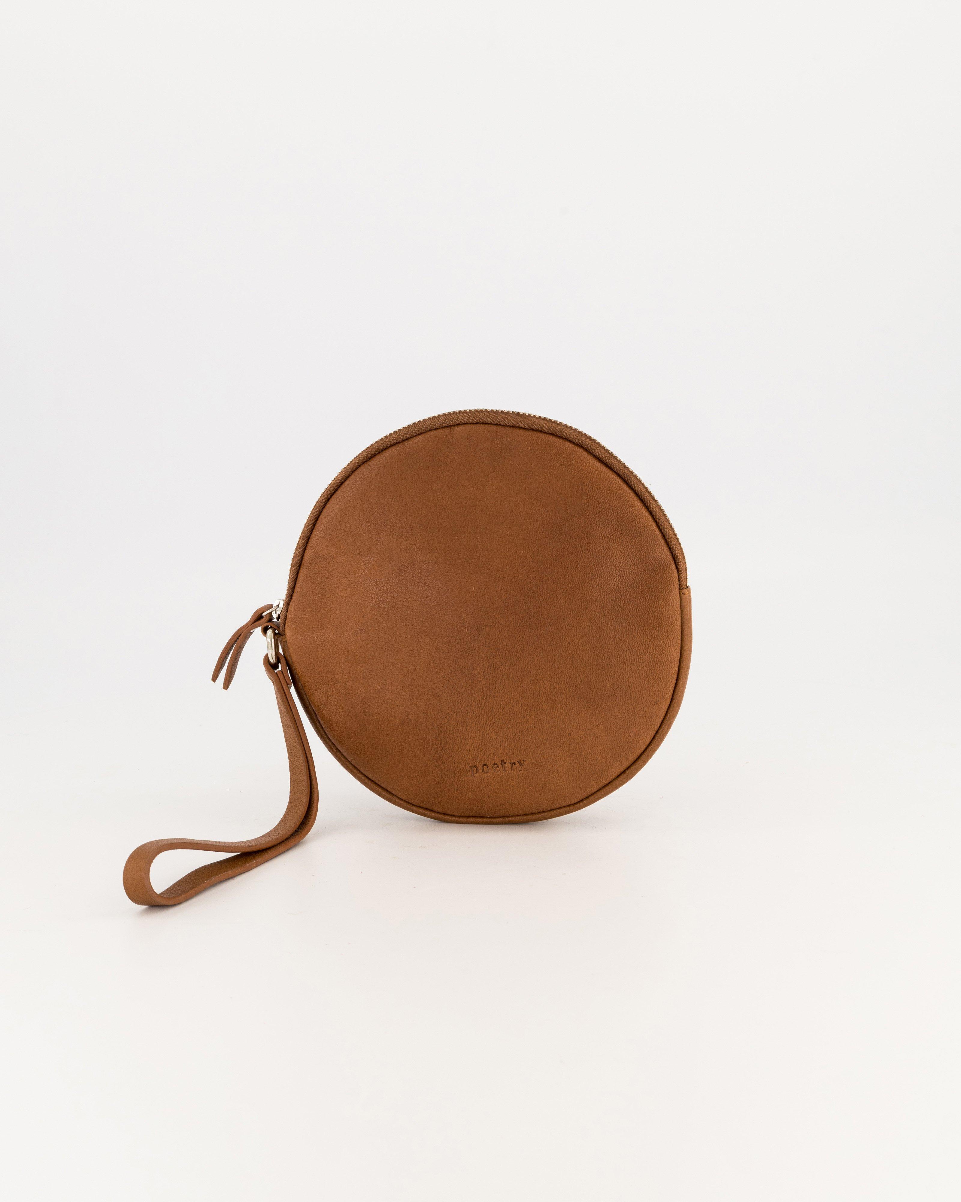 Iris Round Leather Clutch-Pouch -  tan