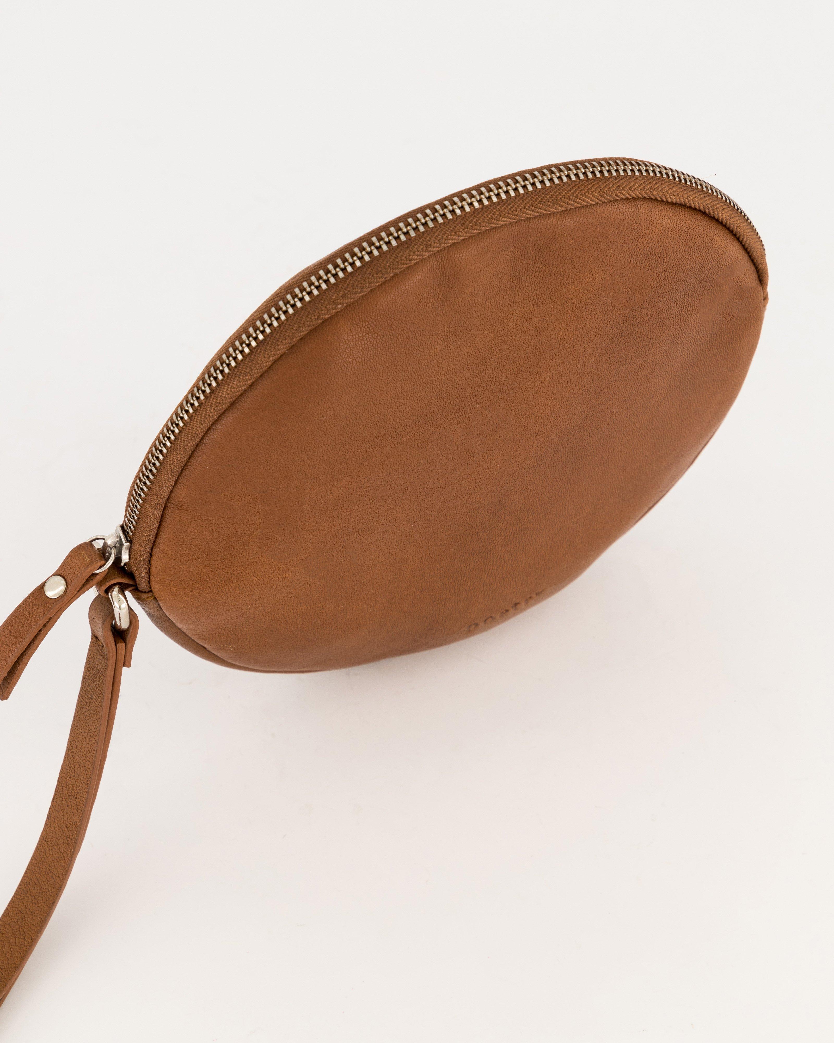 Iris Round Leather Clutch-Pouch -  tan