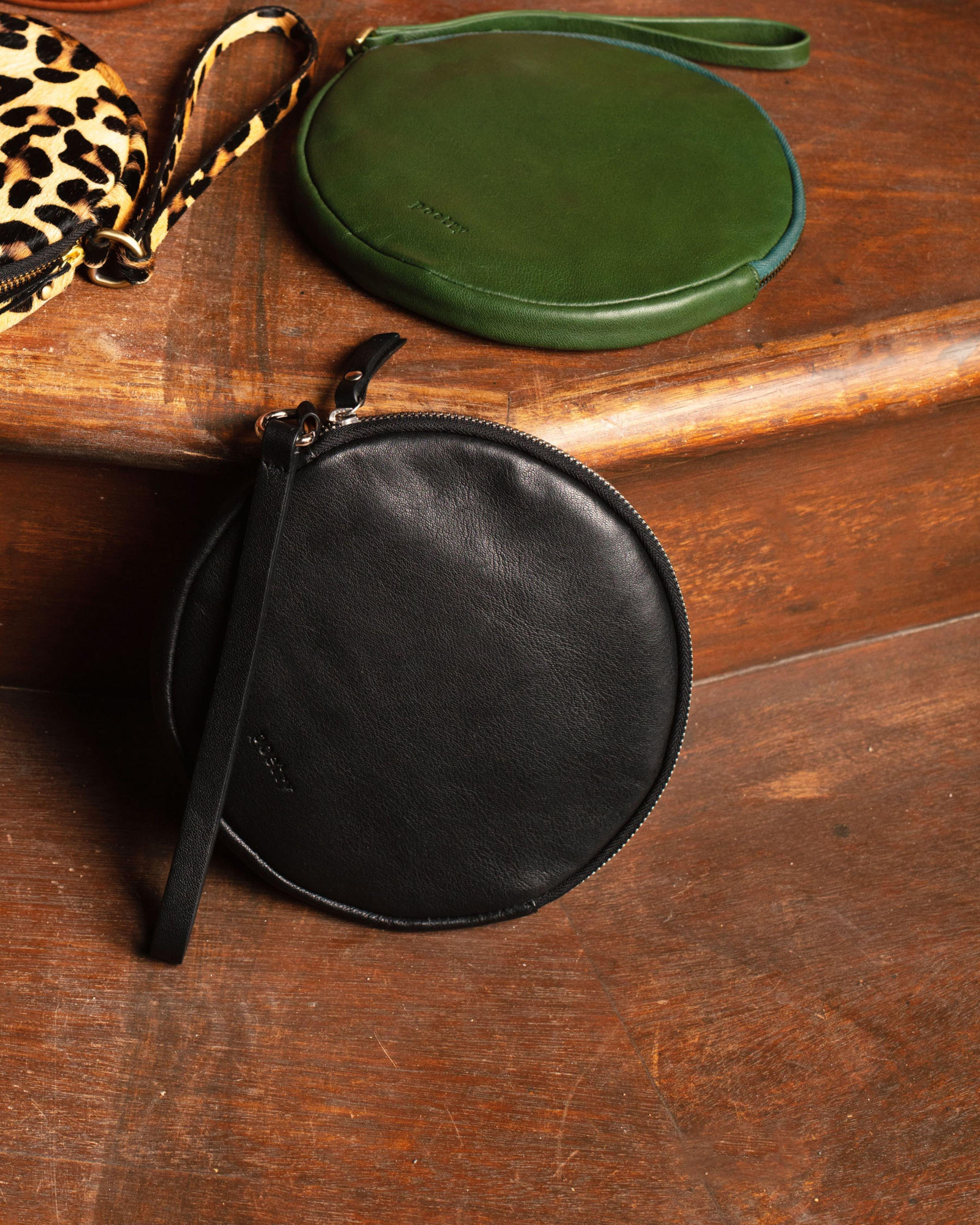 Iris Round Leather Clutch-Pouch -  green