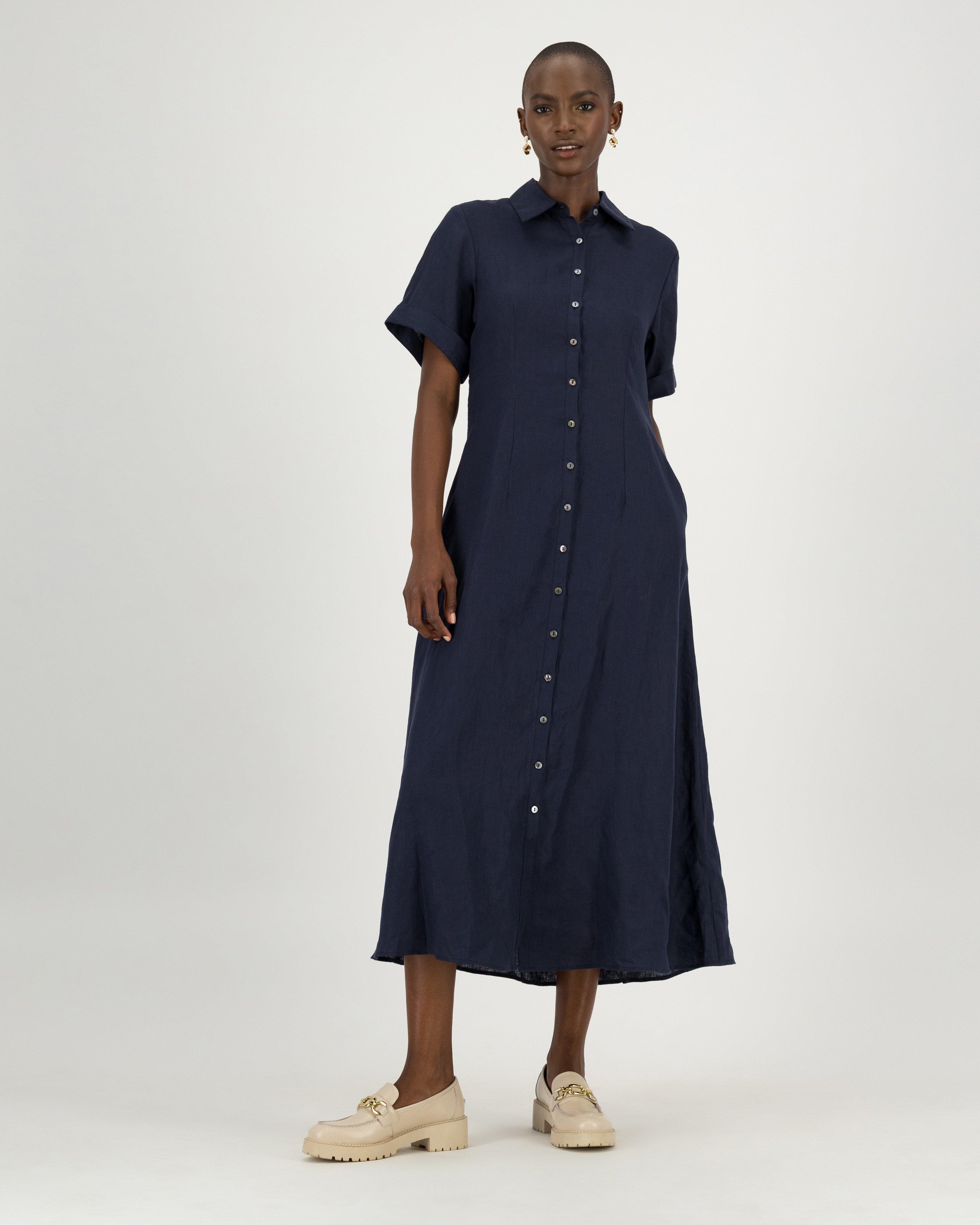 Jane Linen Shirt Dress -  navy