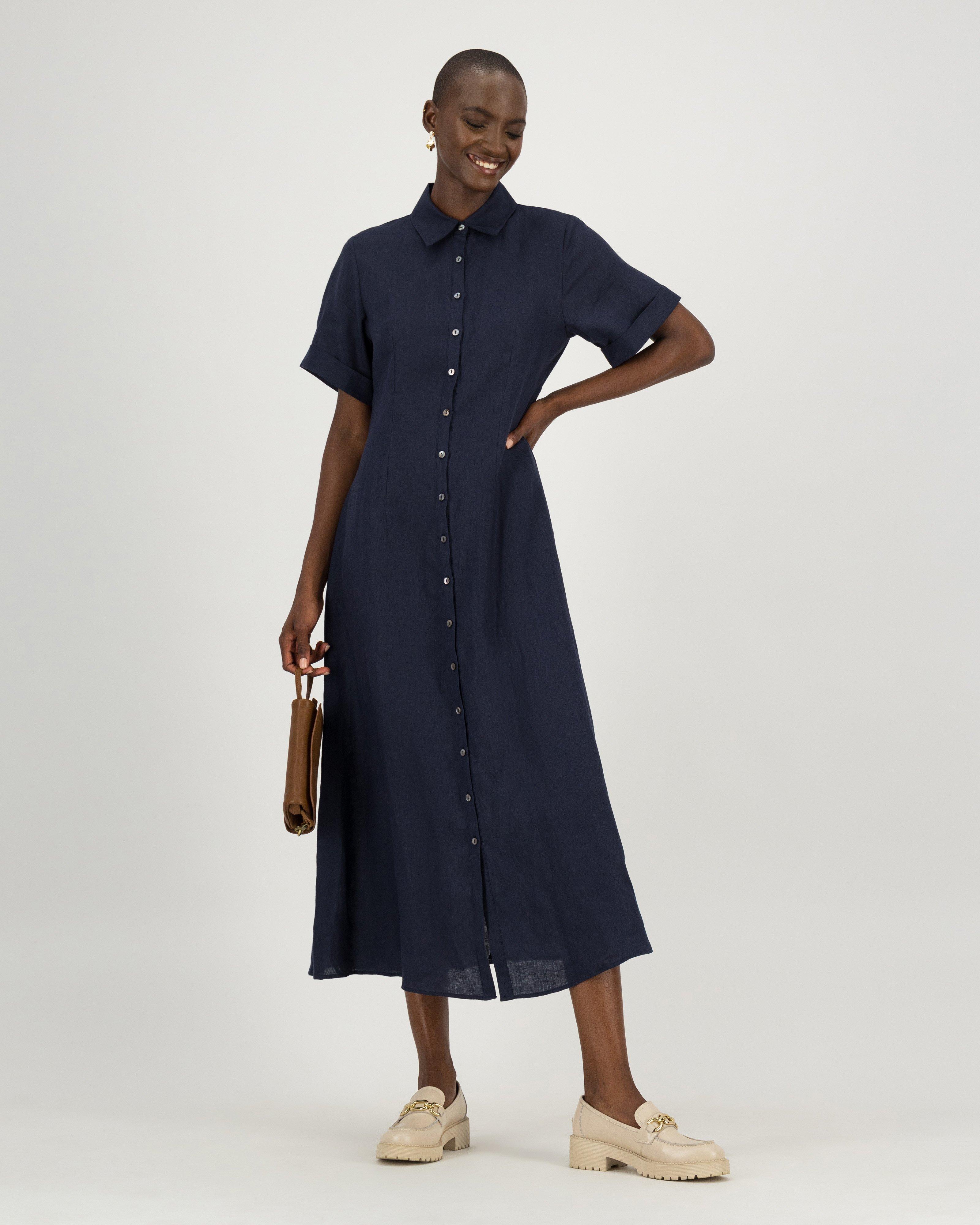 Jane Linen Shirt Dress -  navy