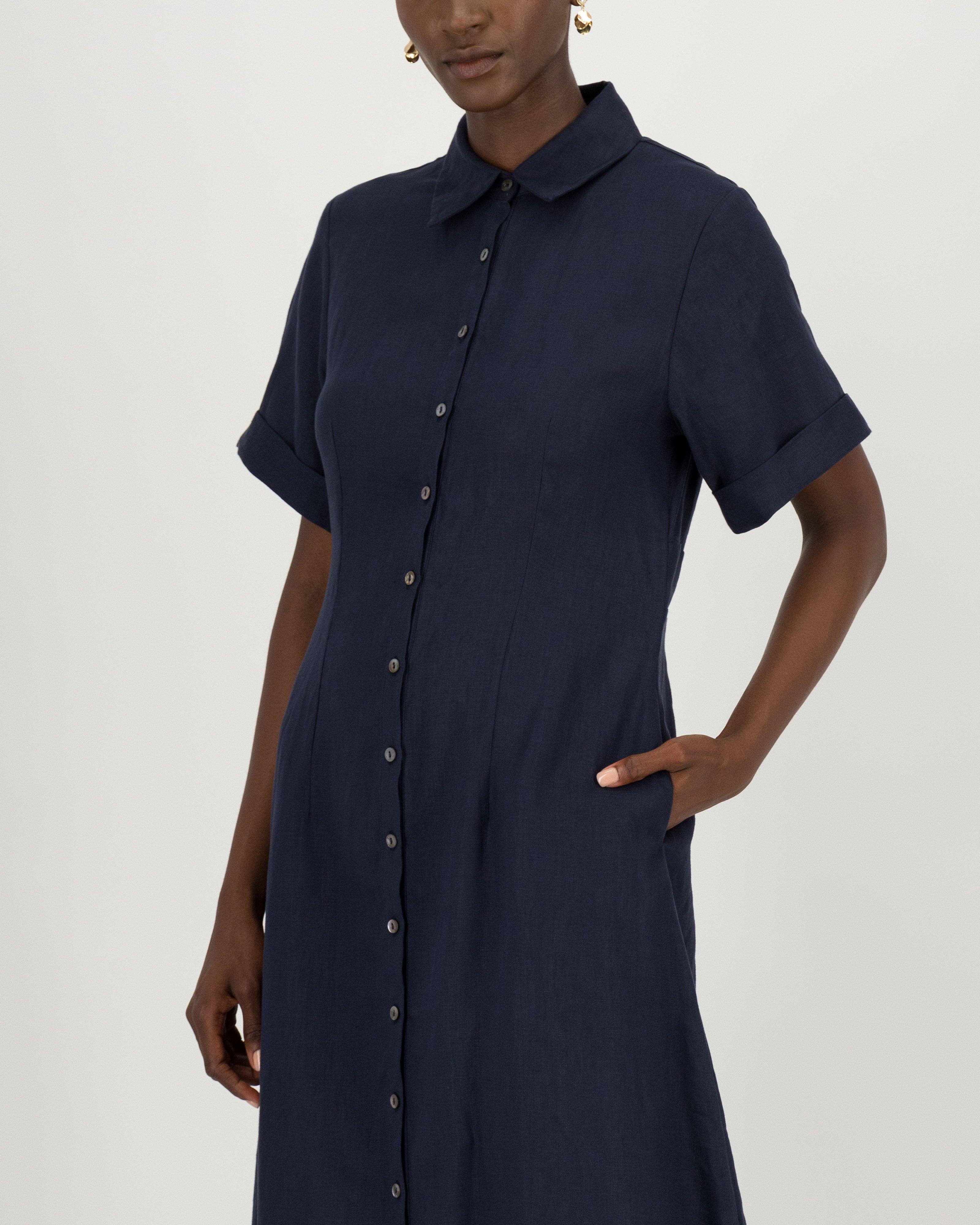 Jane Linen Shirt Dress -  navy