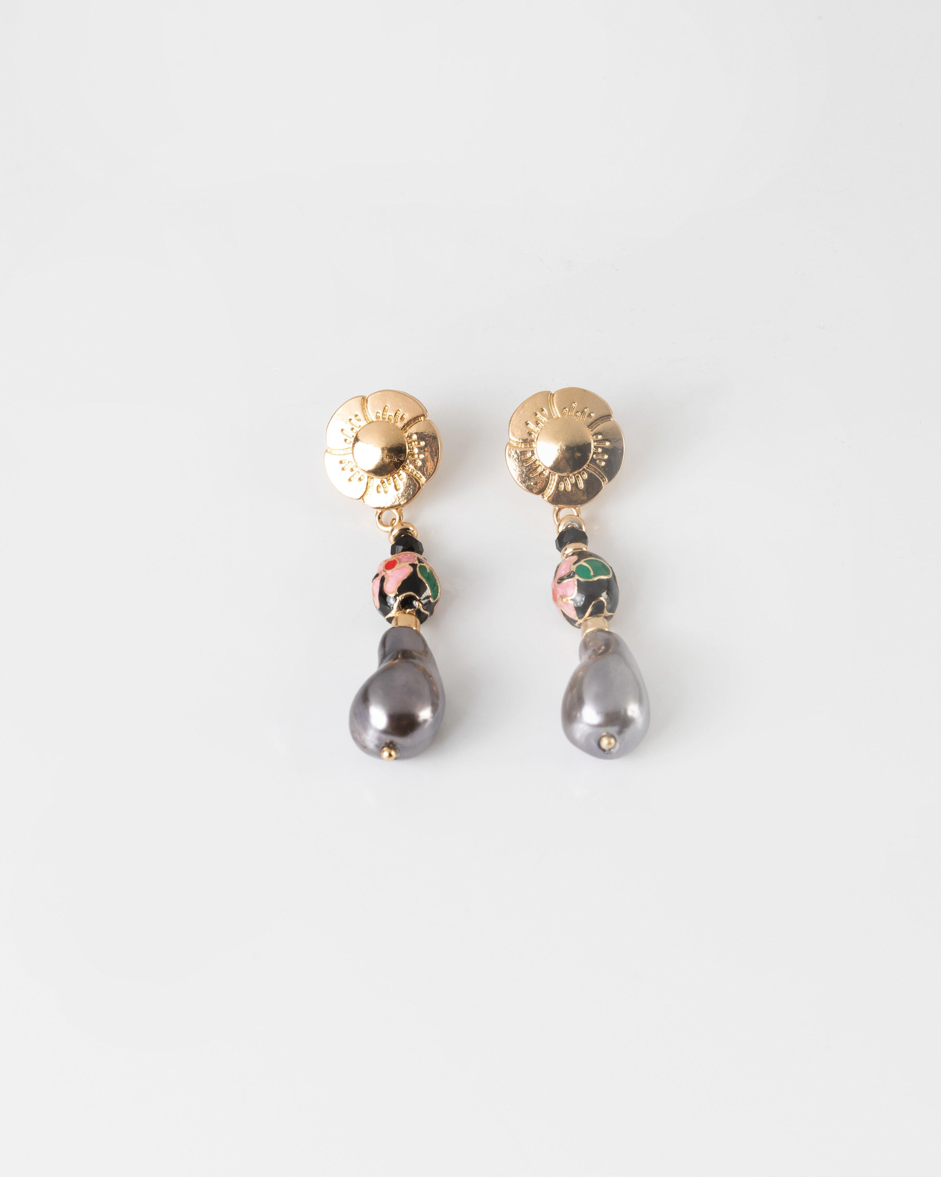 Flower & Pearl Eclectic Drop Earrings -  grey