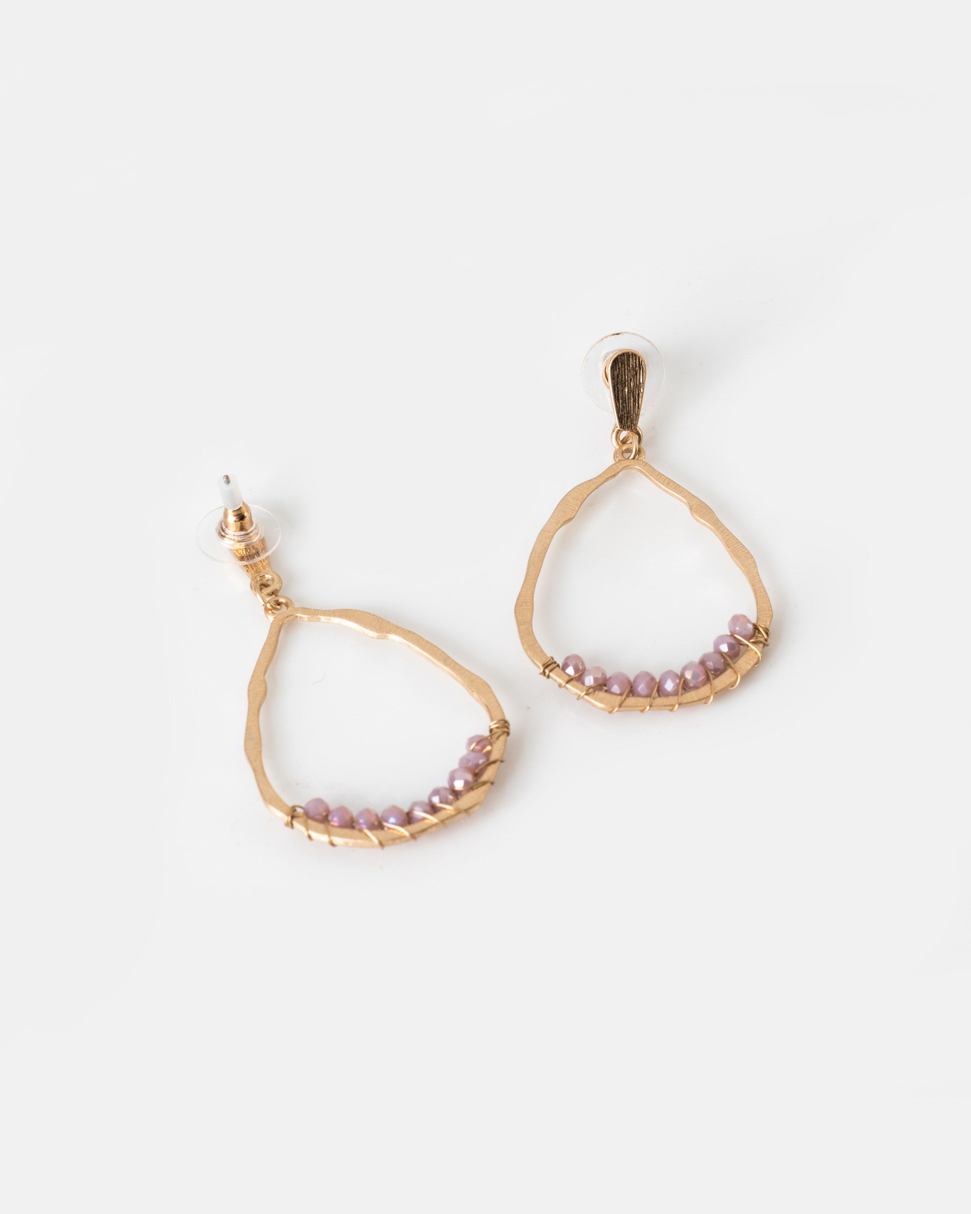 Cut-Out Teardrop Beaded Earrings -  mauve