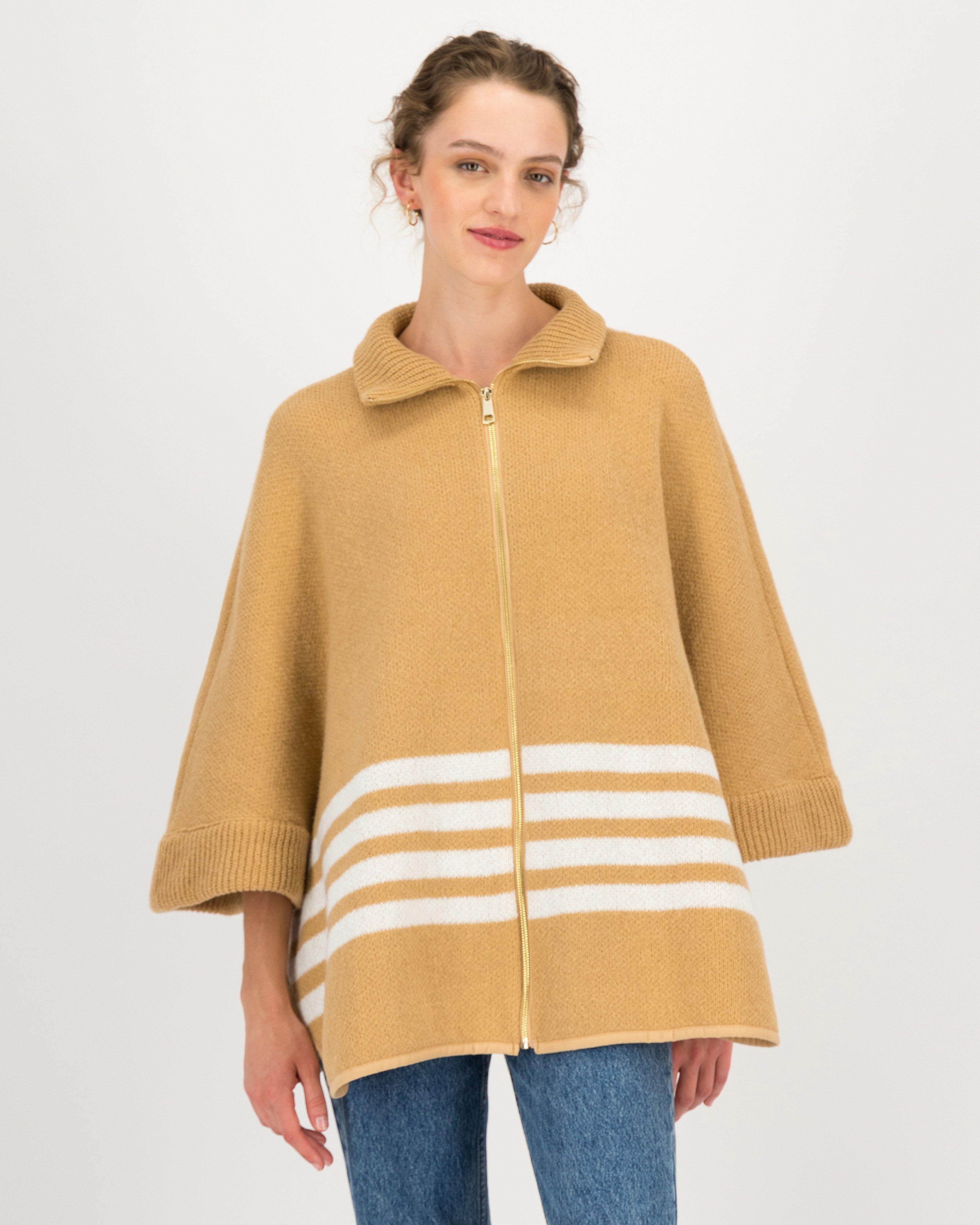 Oleda Zip Detail Cutline Poncho -  stone