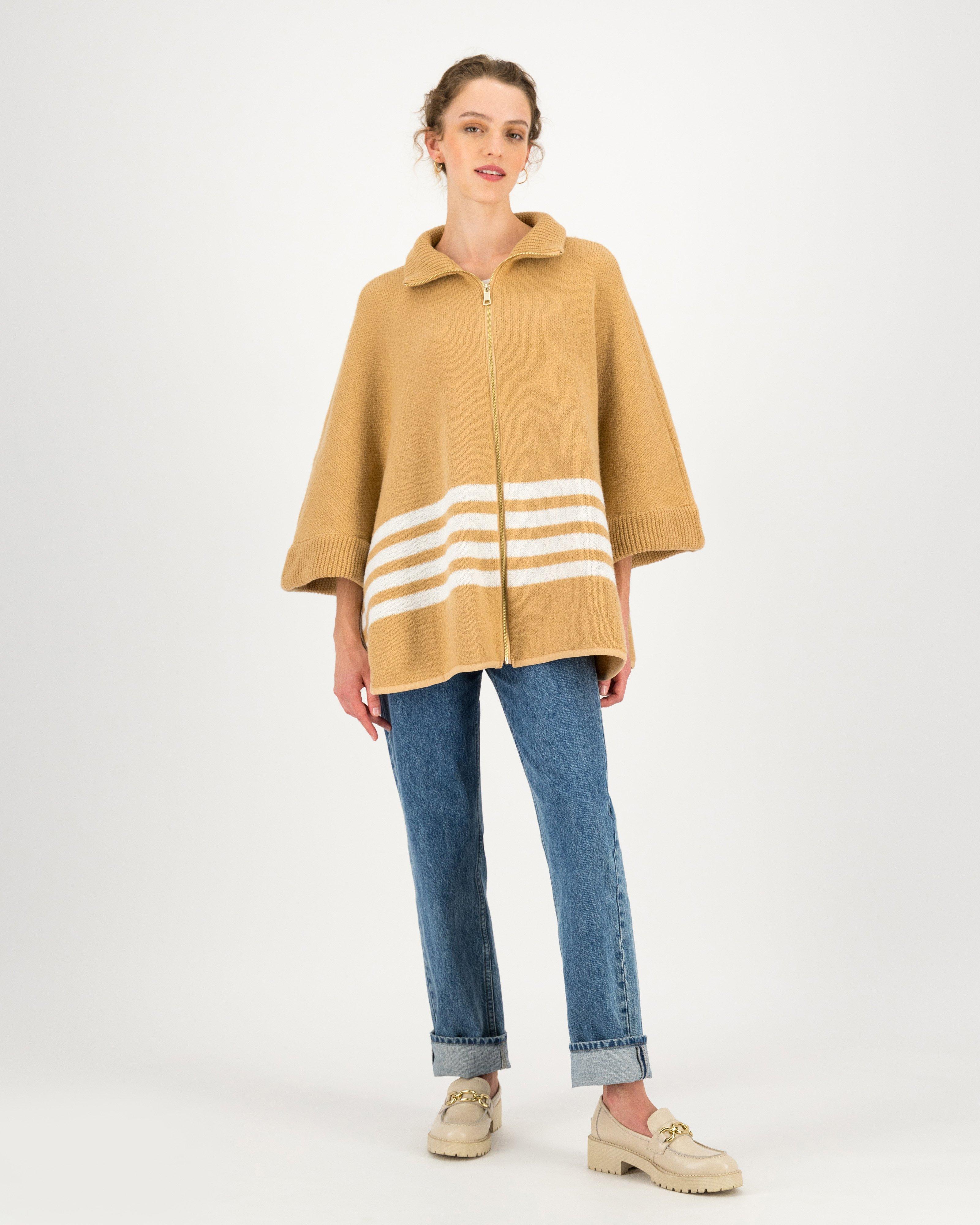 Oleda Zip Detail Cutline Poncho -  stone