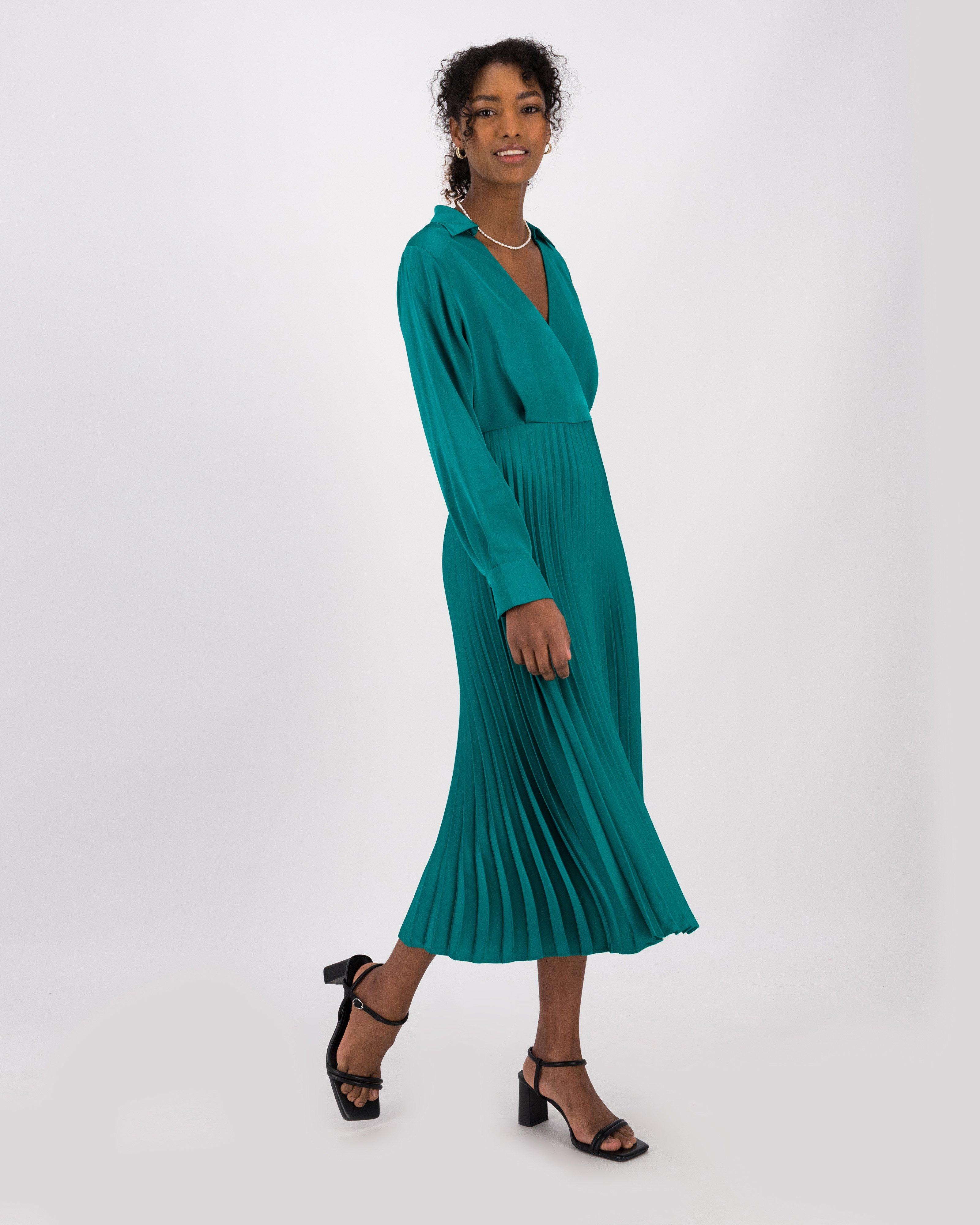 Delphine Pleated Sateen Wrap Dress -  aqua