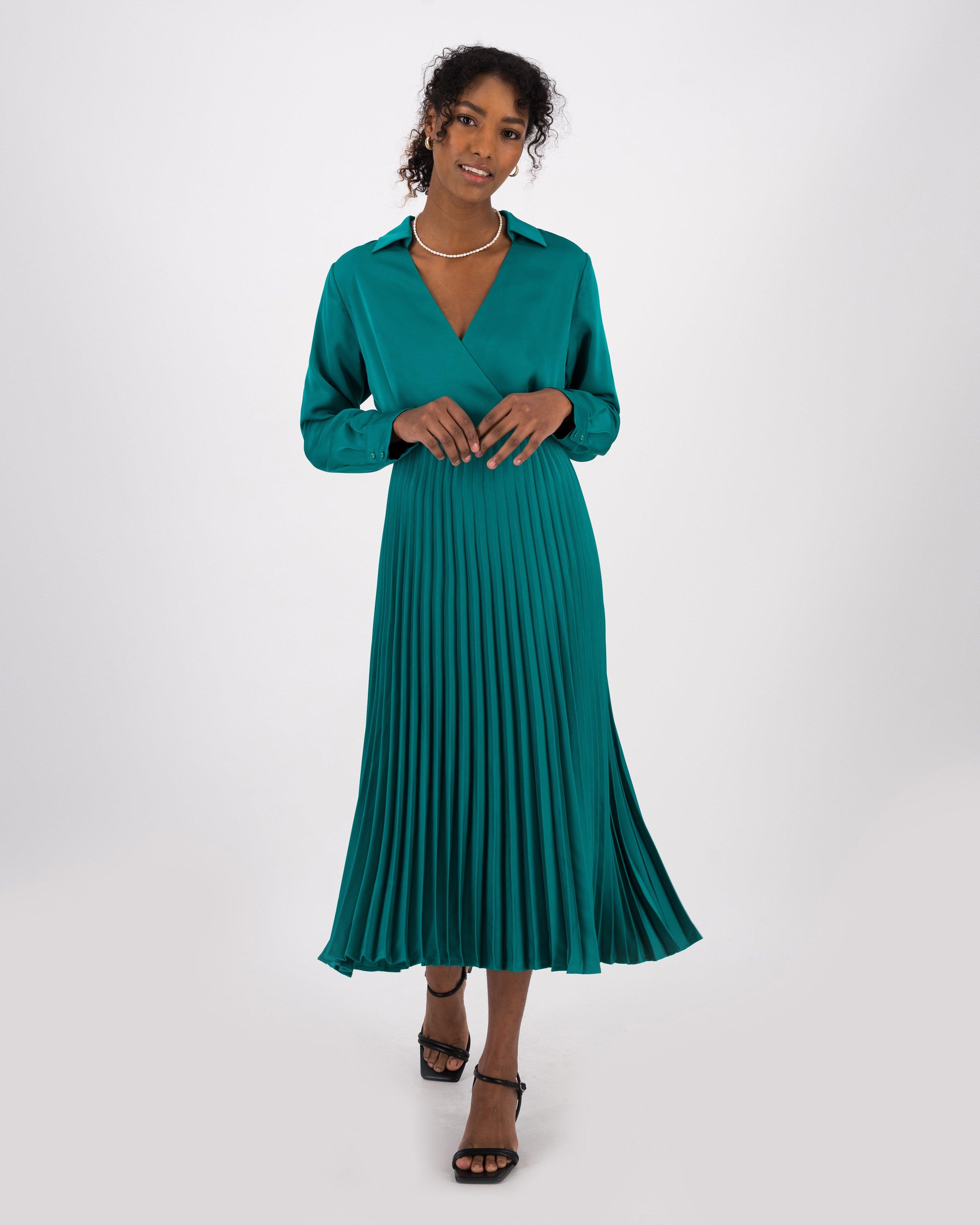 Delphine Pleated Sateen Wrap Dress -  aqua