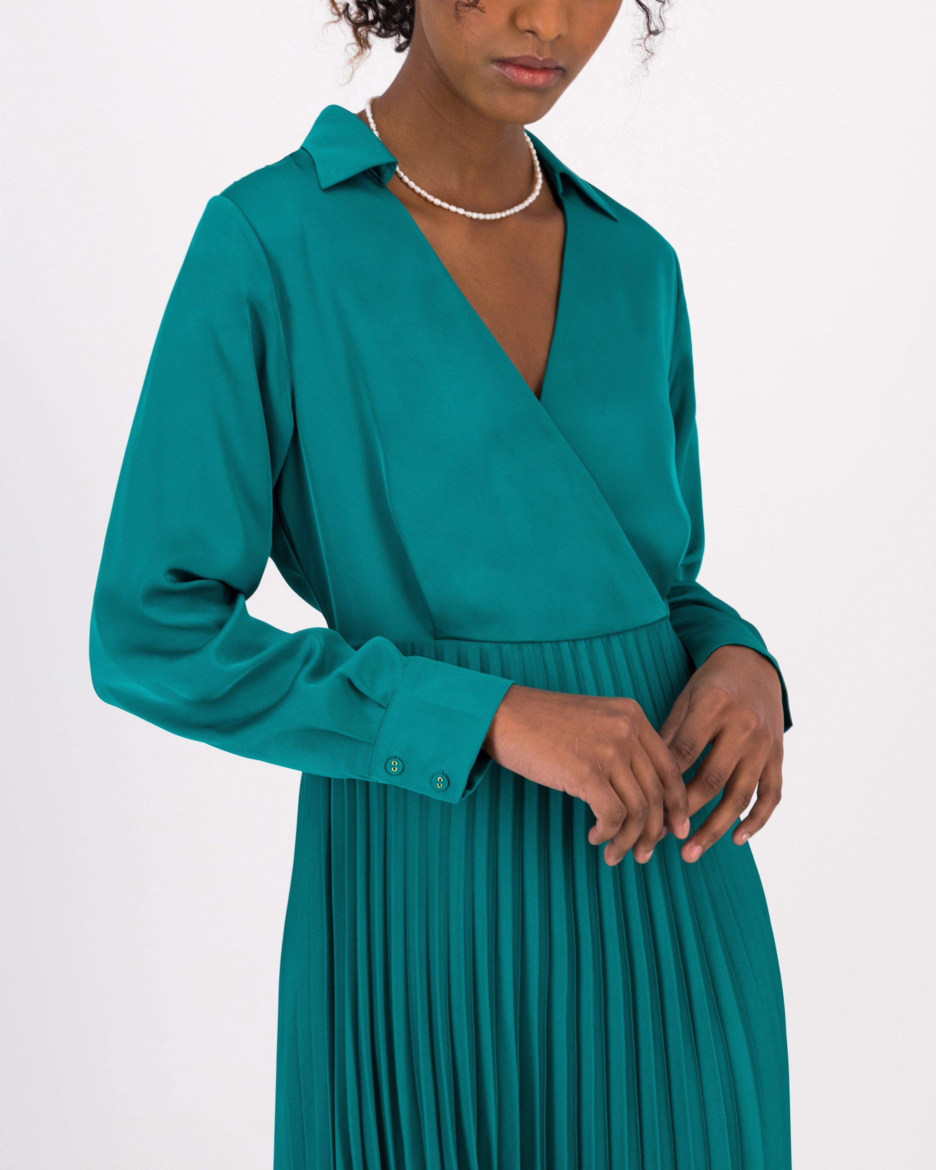 Delphine Pleated Sateen Wrap Dress -  aqua