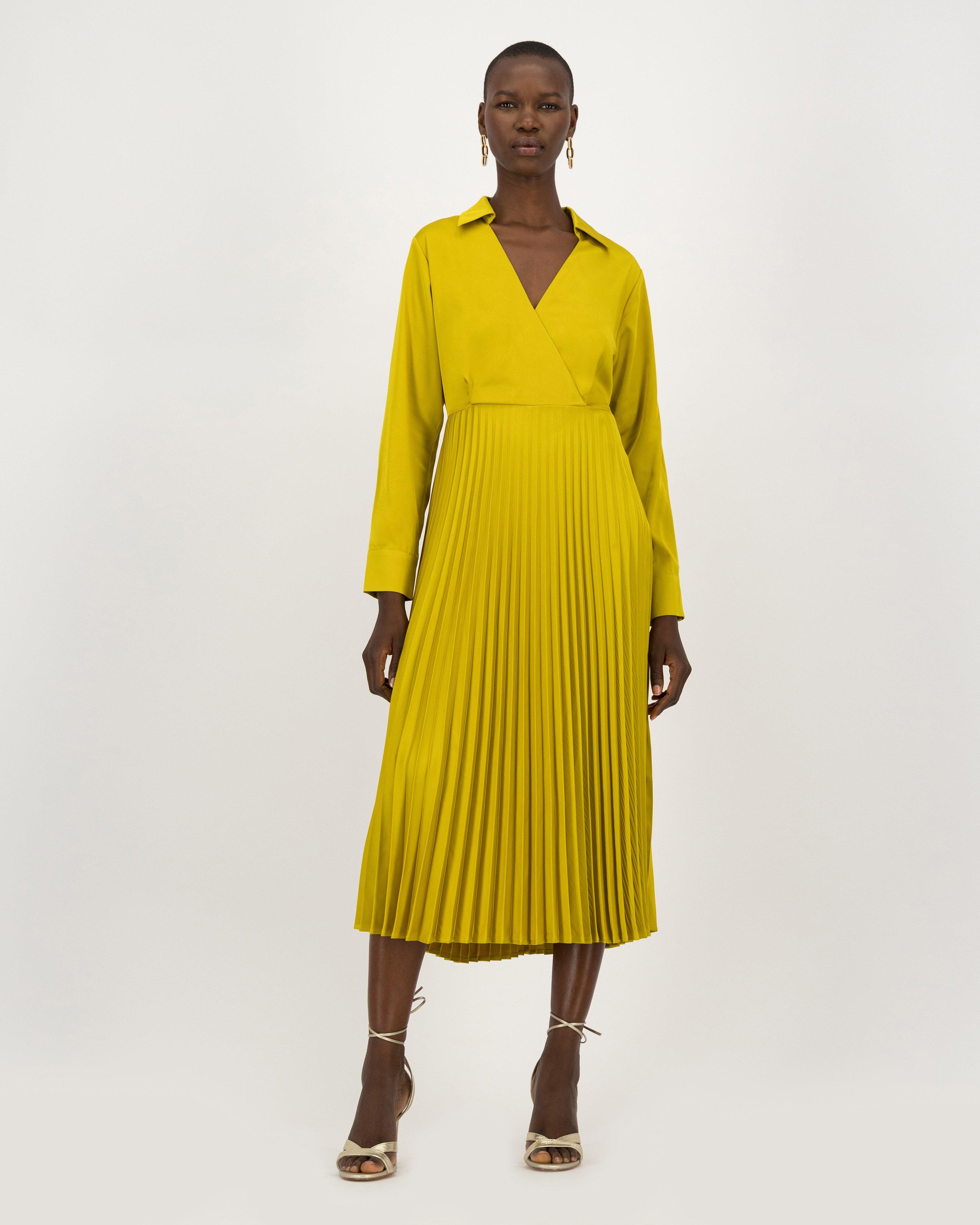 Delphine Pleated Sateen Wrap Dress -  chartreuse