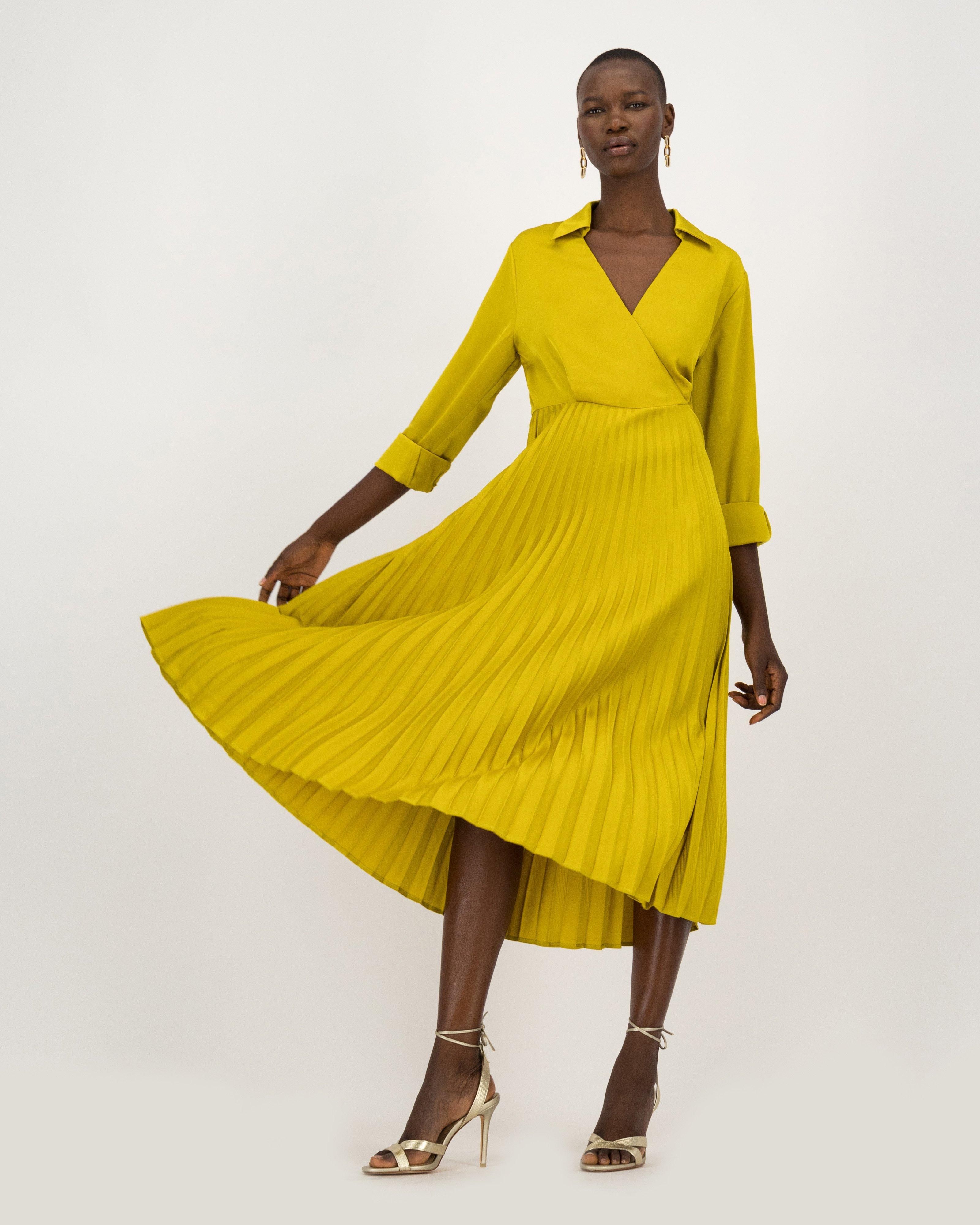 Delphine Pleated Sateen Wrap Dress -  chartreuse