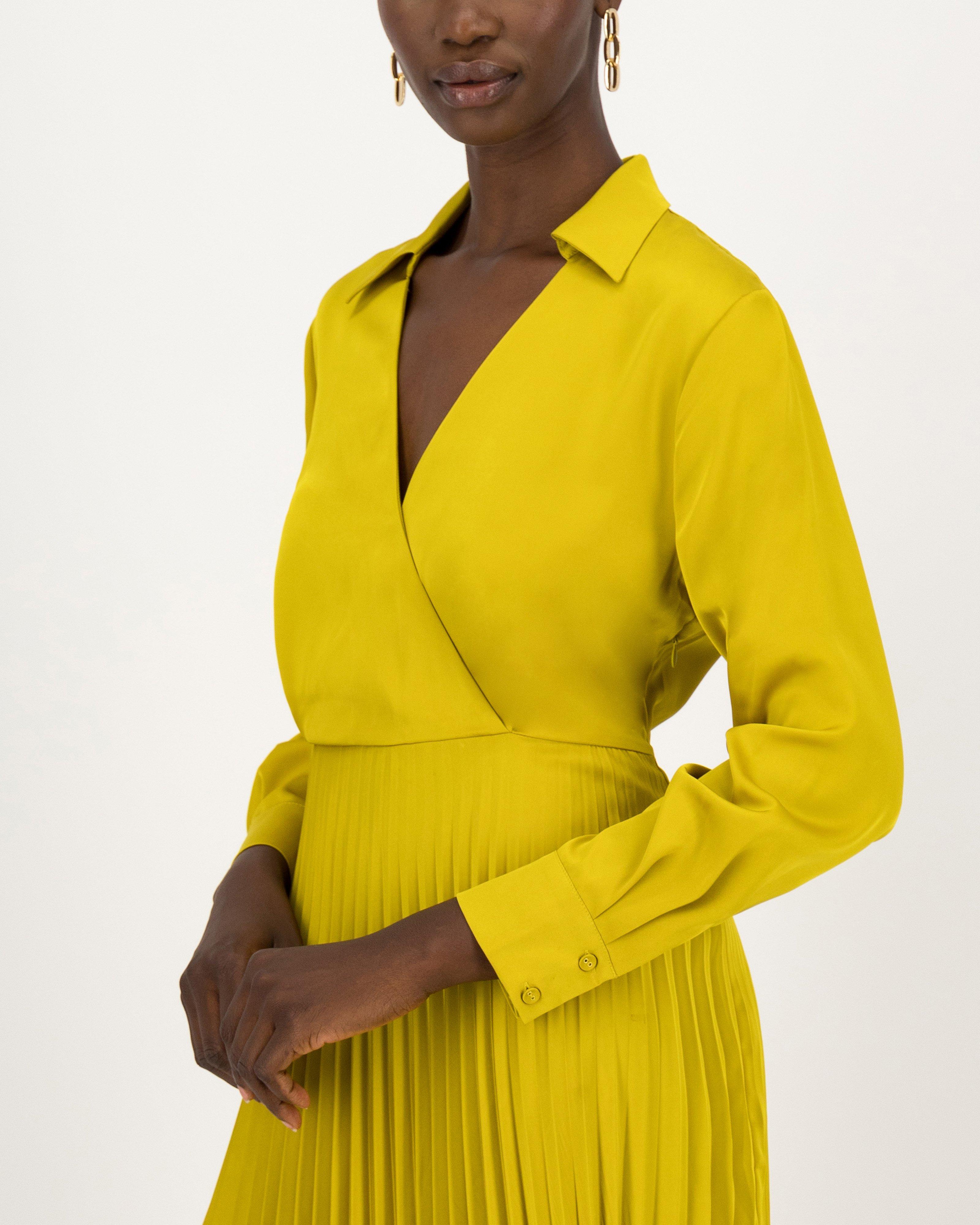 Delphine Pleated Sateen Wrap Dress -  chartreuse