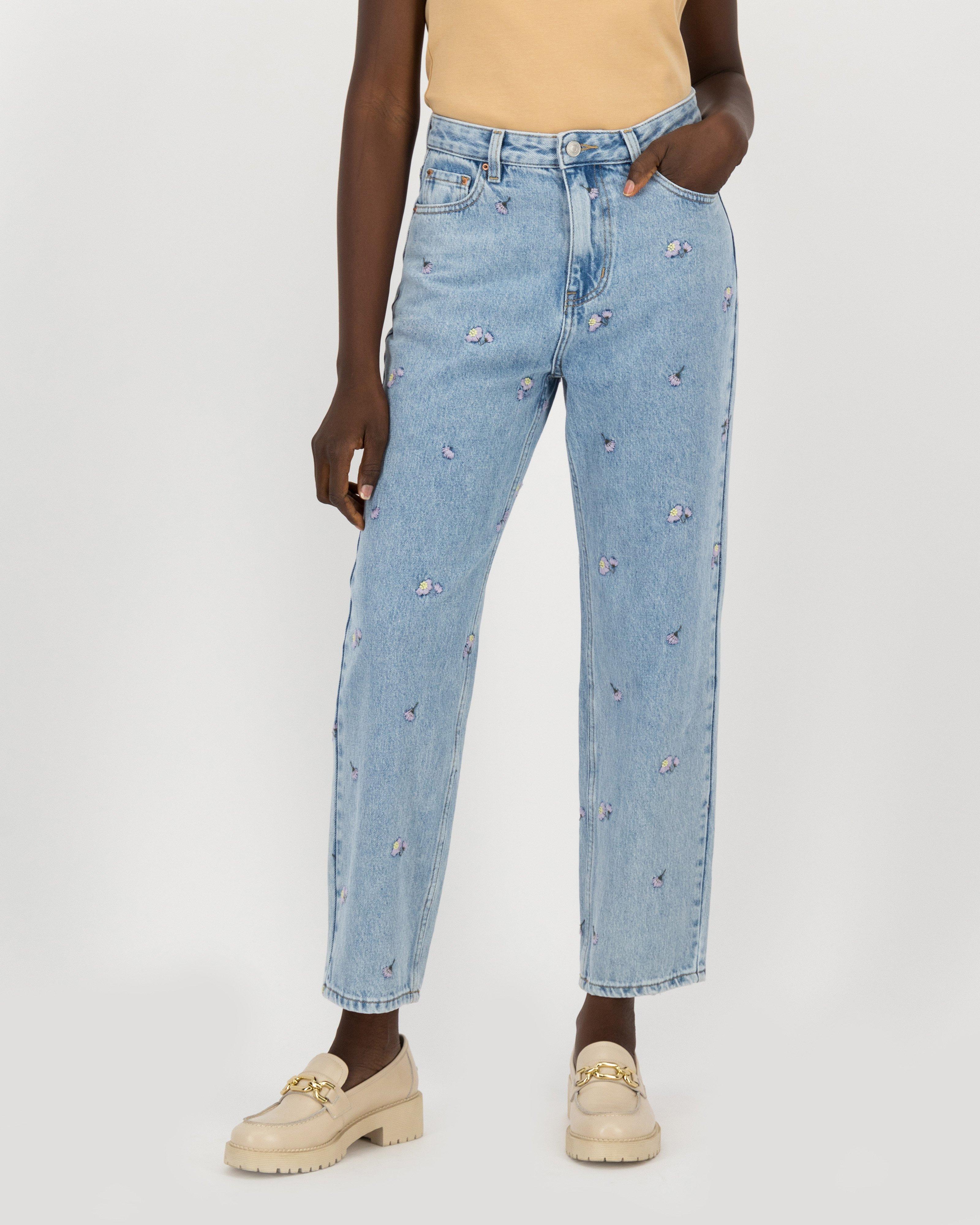 Athena Lilac Embroidered Floral Denims -  lightblue