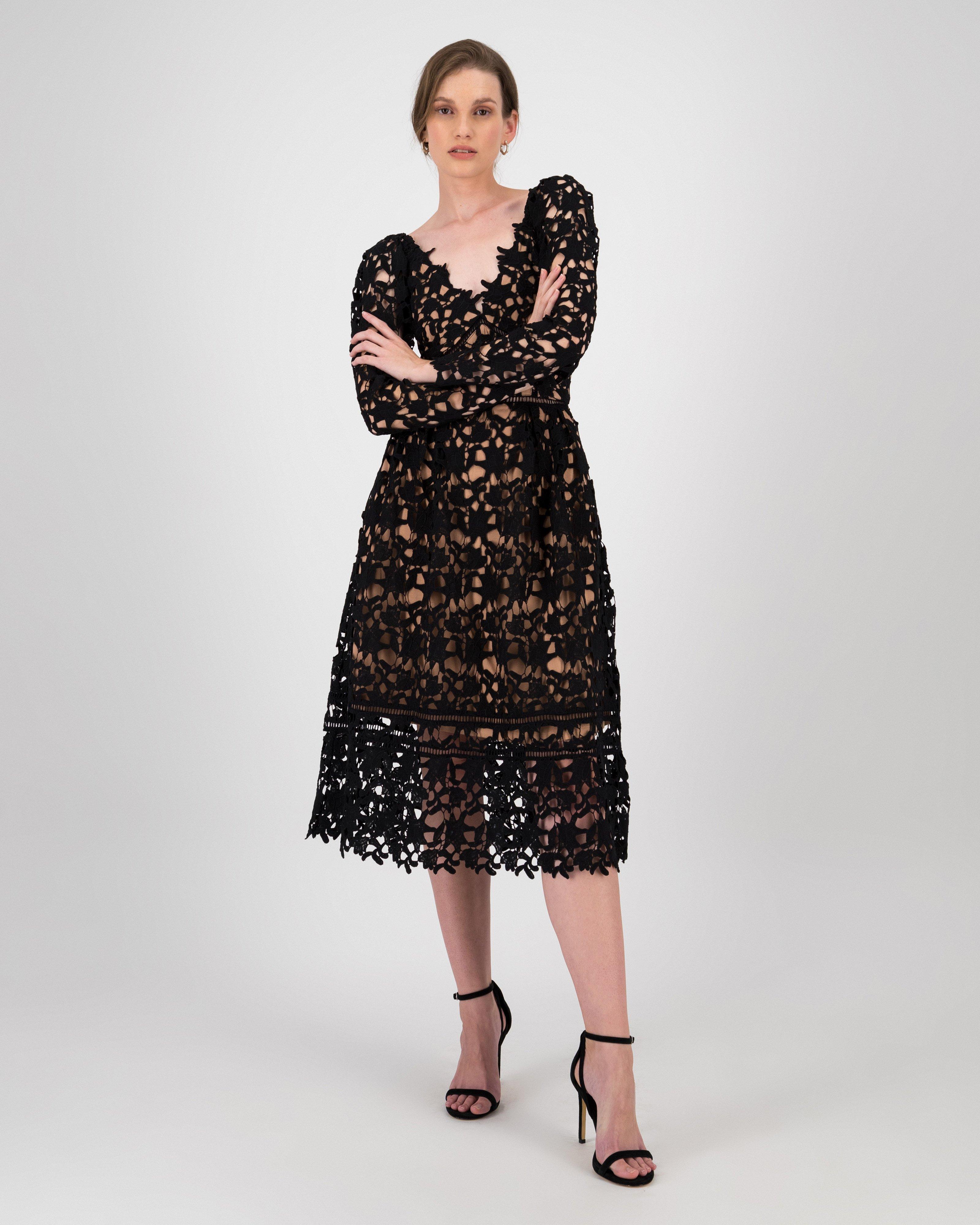 Clara Lace Sleeved Dress -  black