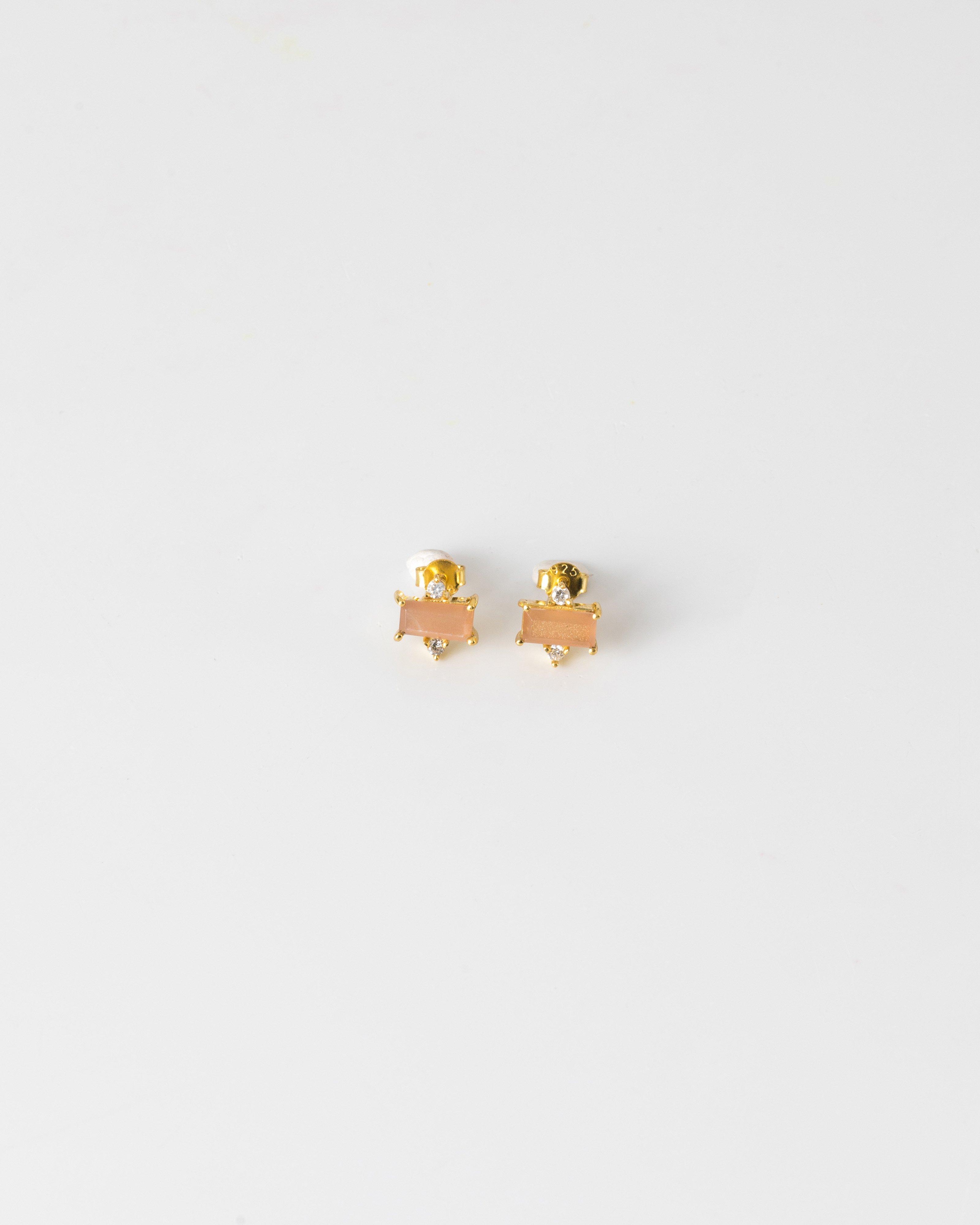 Peach Moonstone & Cubic Zirconia Detailed Stud Earrings -  gold