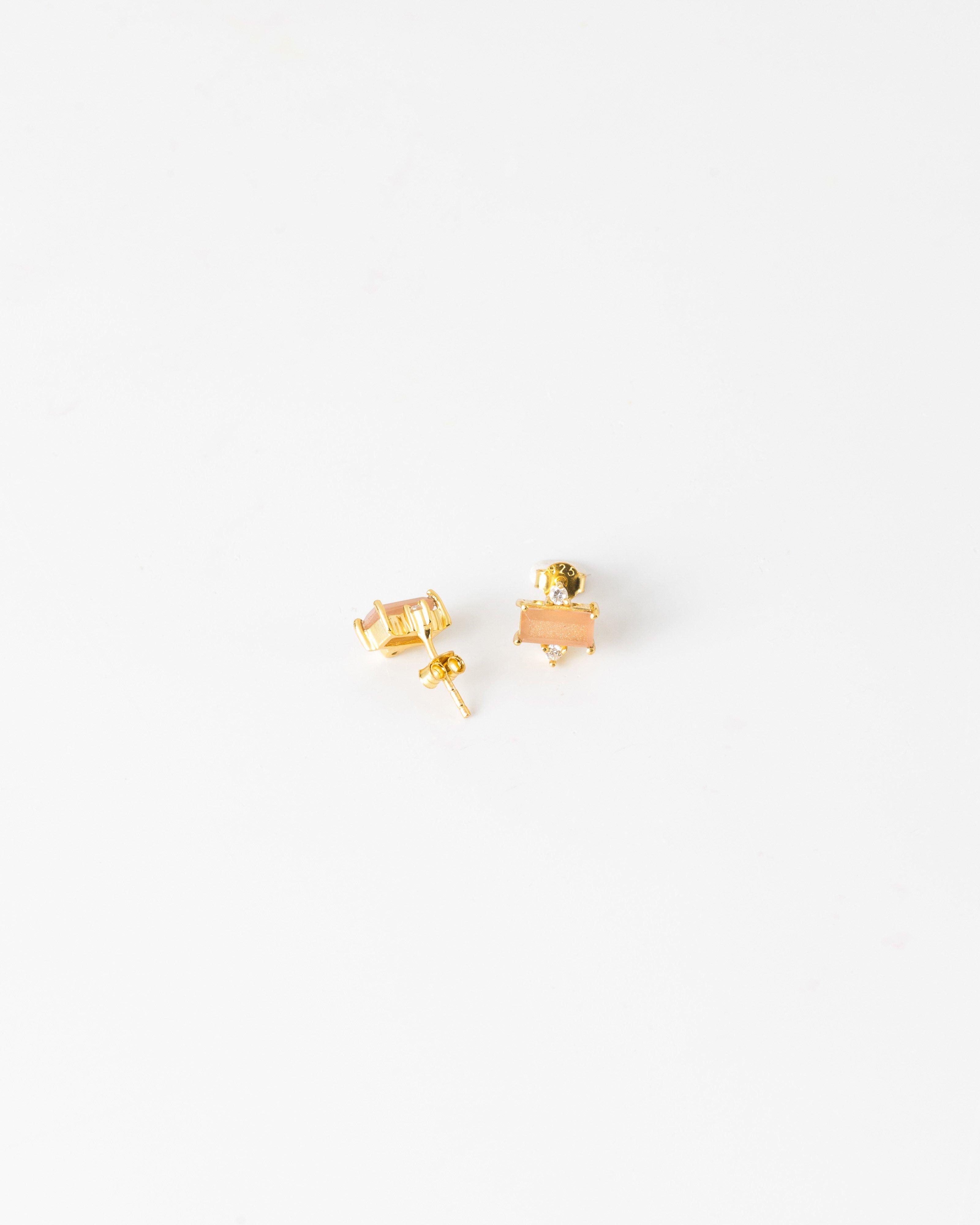 Peach Moonstone & Cubic Zirconia Detailed Stud Earrings -  gold