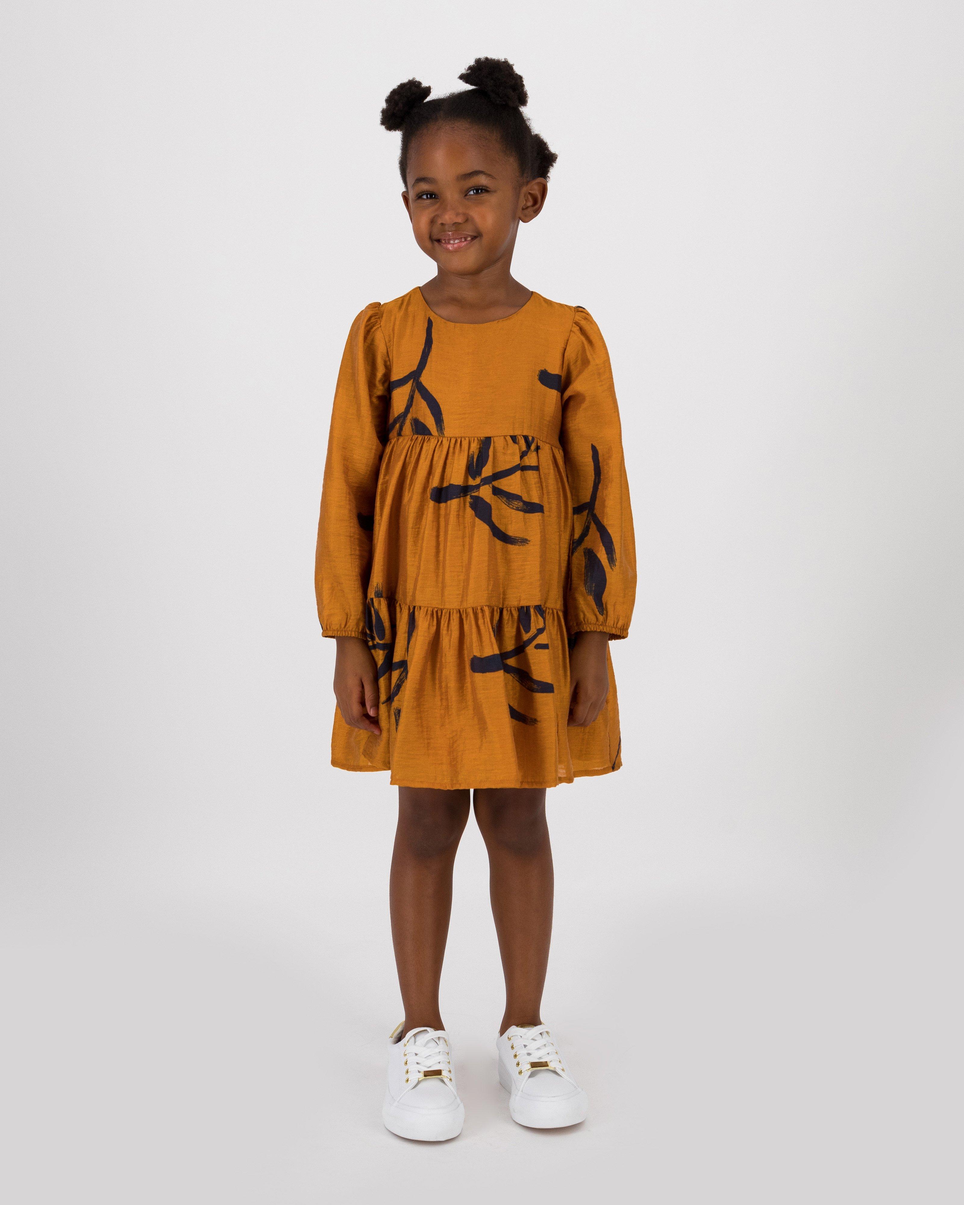 Girls Mini Anna Illustrated Tiered Dress -  ochre