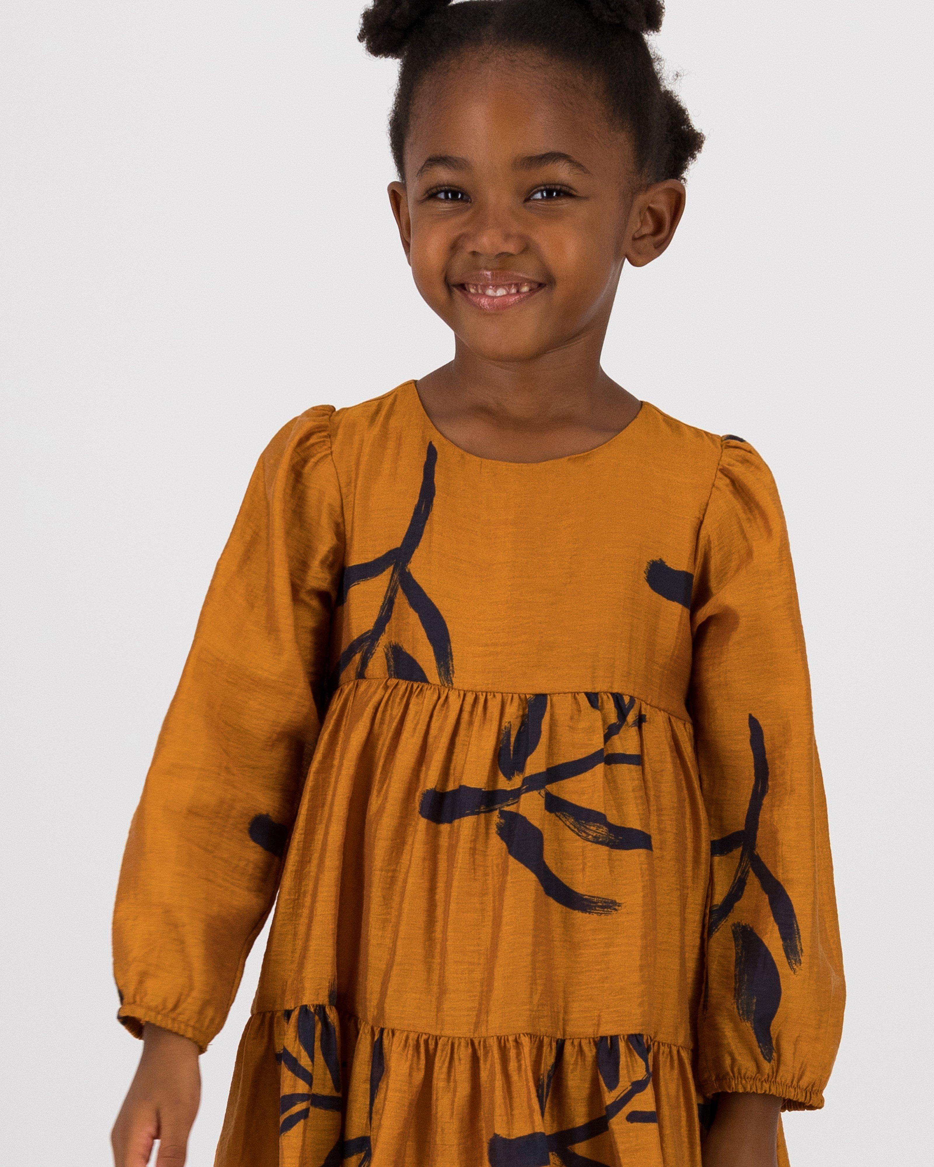 Girls Mini Anna Illustrated Tiered Dress -  ochre