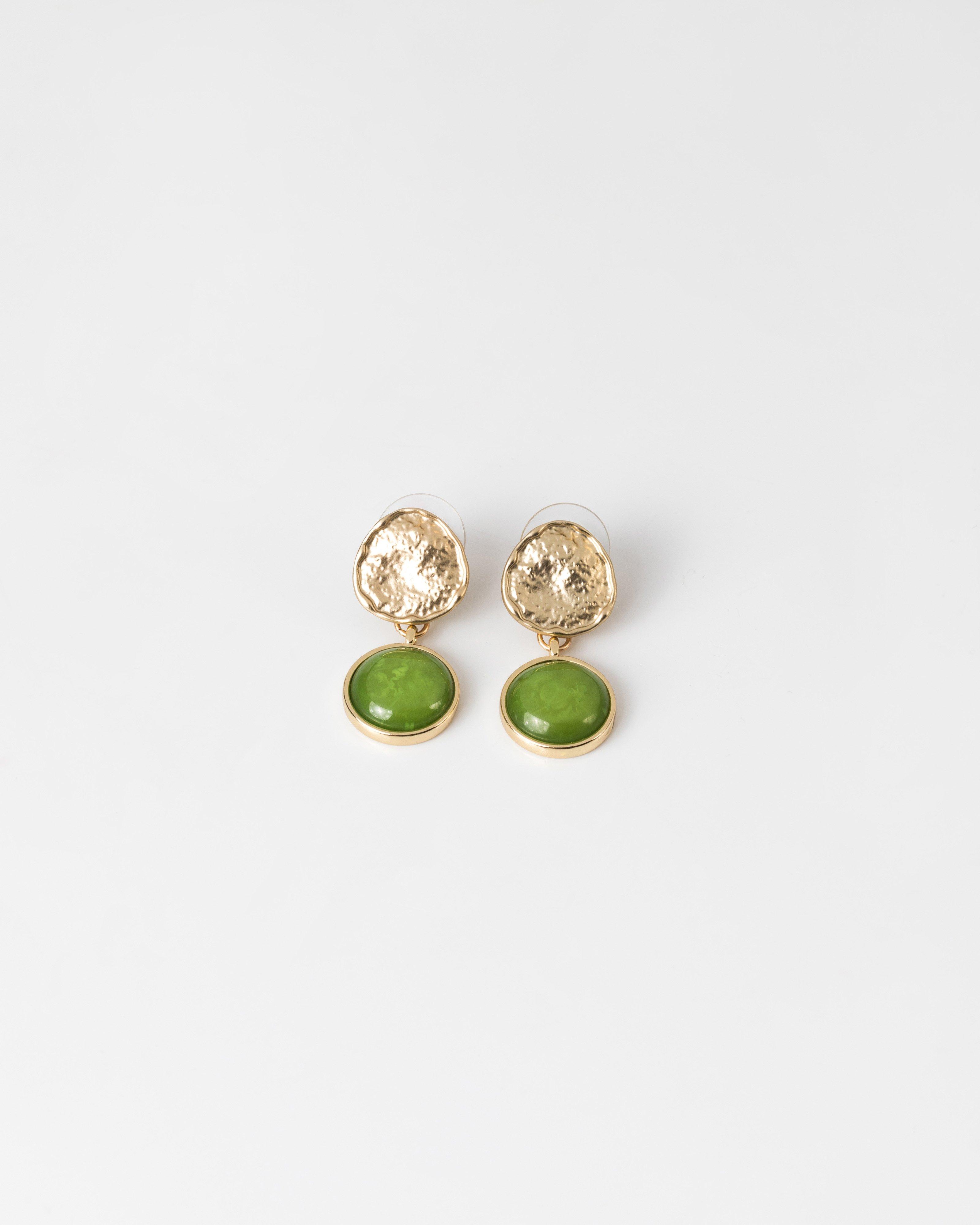 Patterned Stone Double Drop Earrings -  olive