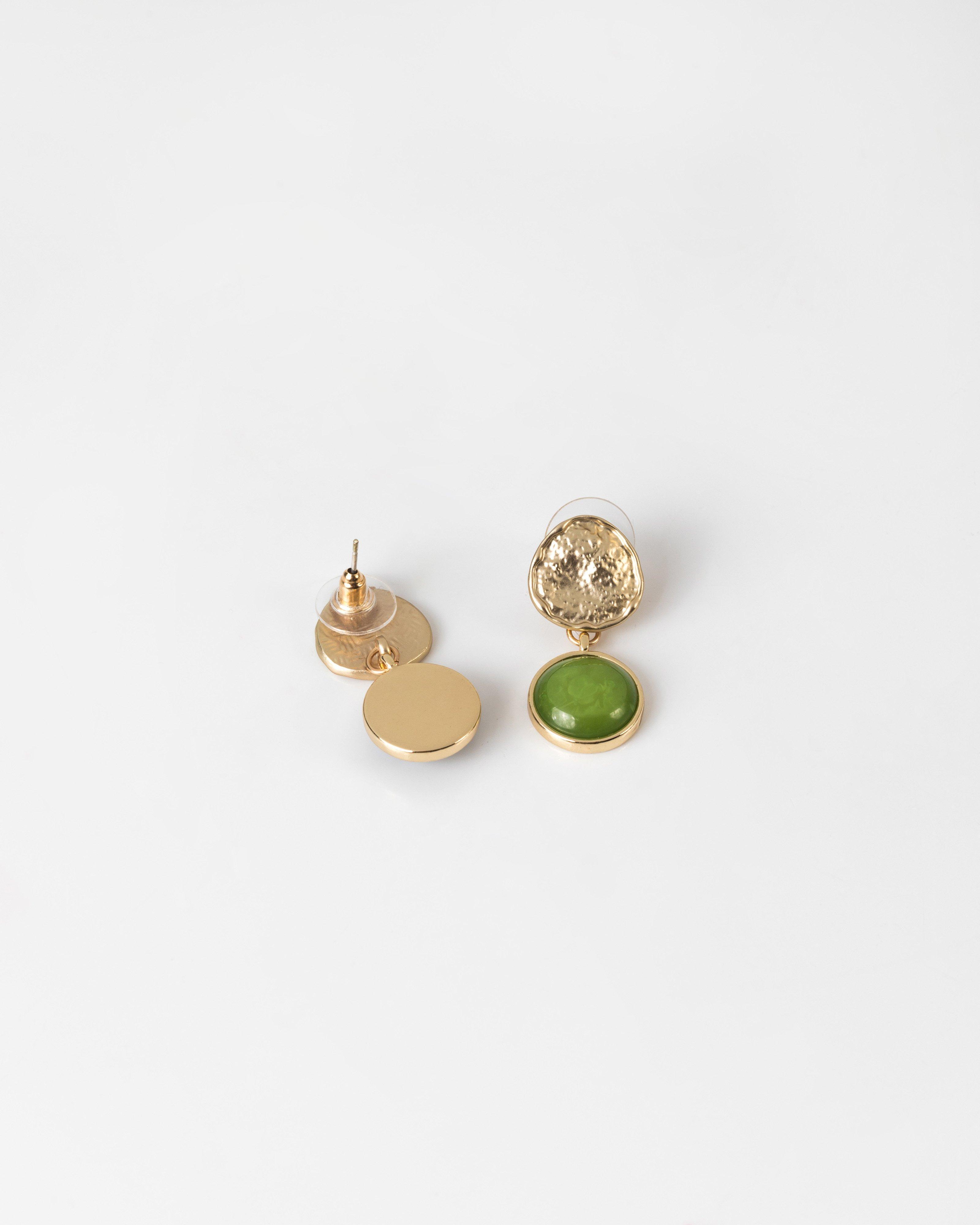 Patterned Stone Double Drop Earrings -  olive