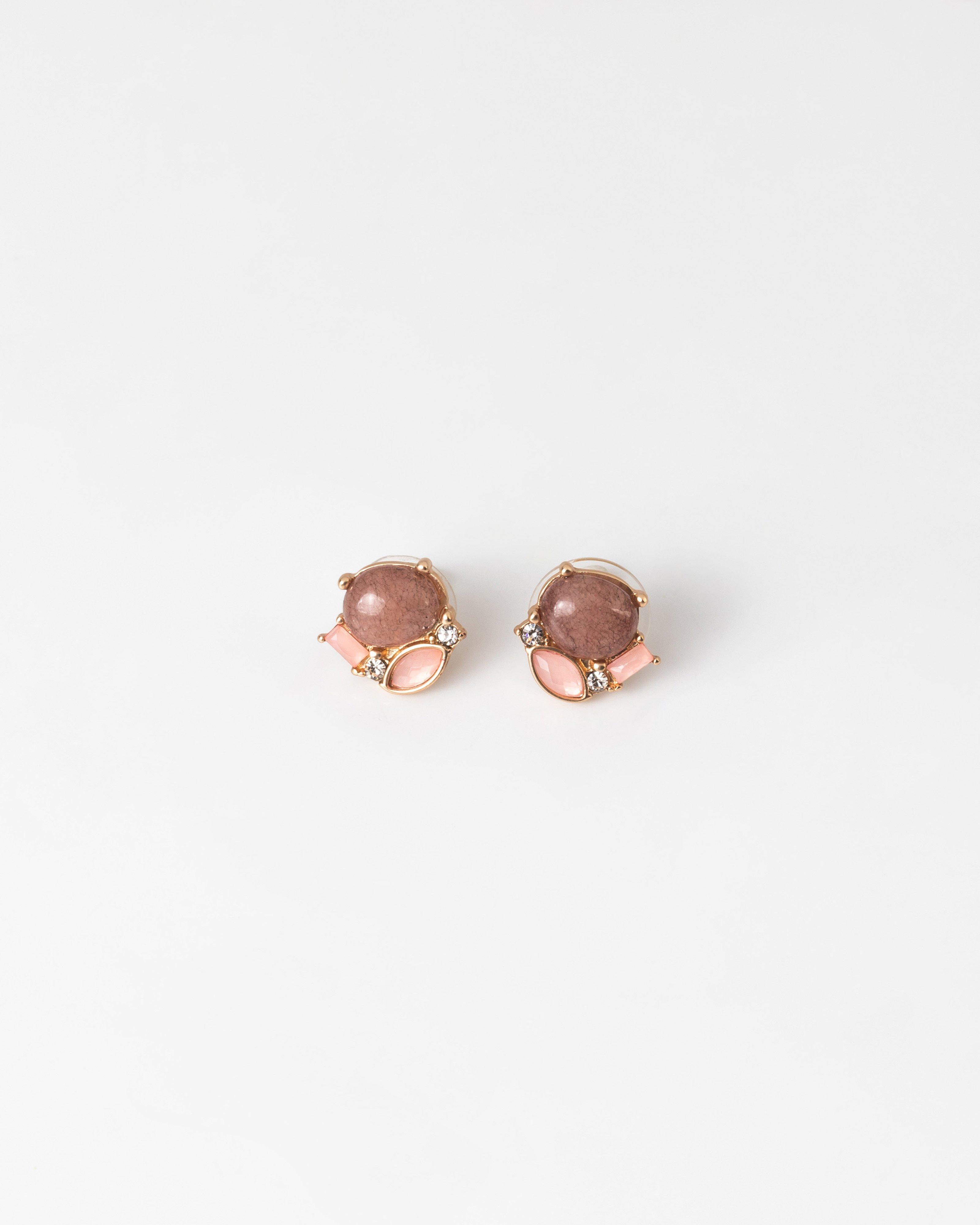 Cluster Natural Stone Stud Earrings -  pink