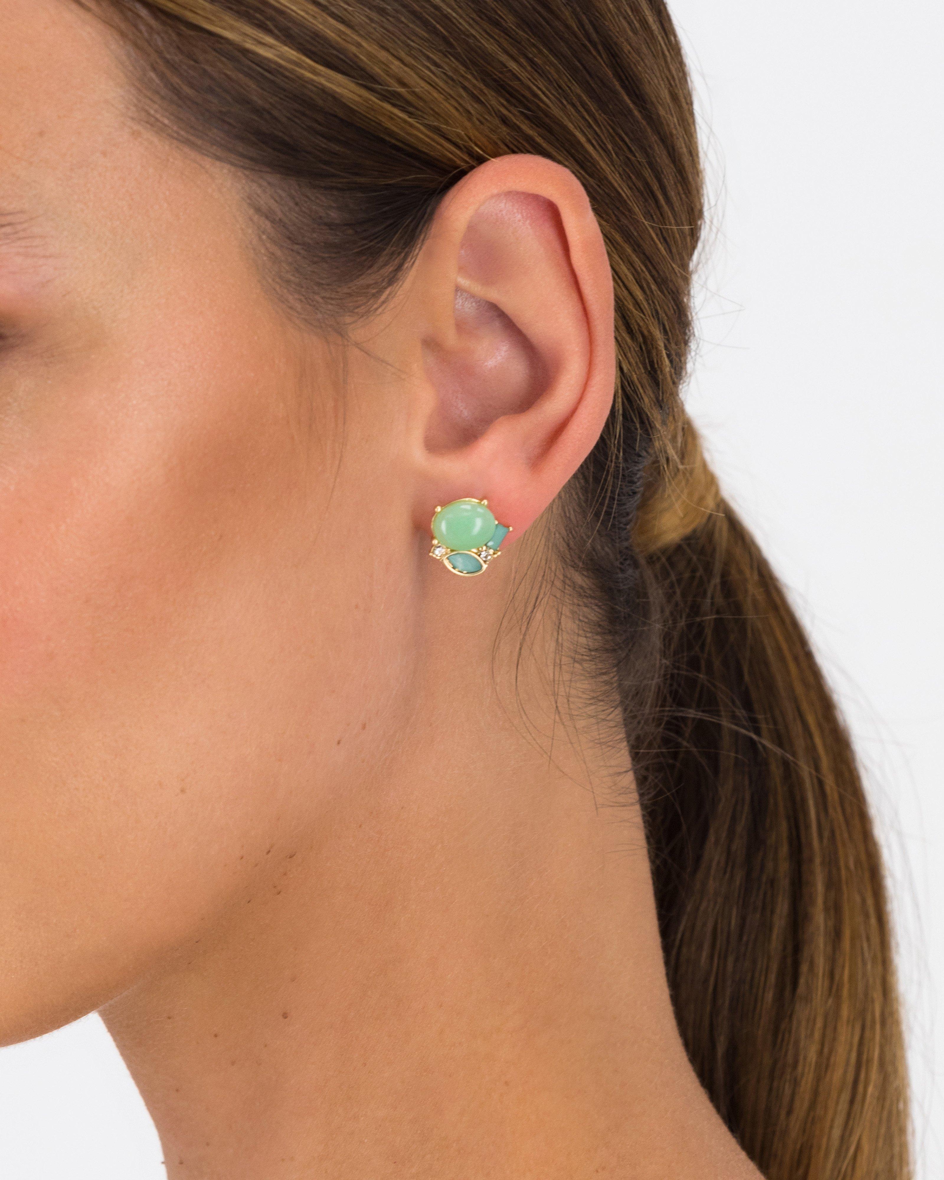 Cluster Natural Stone Stud Earrings -  green