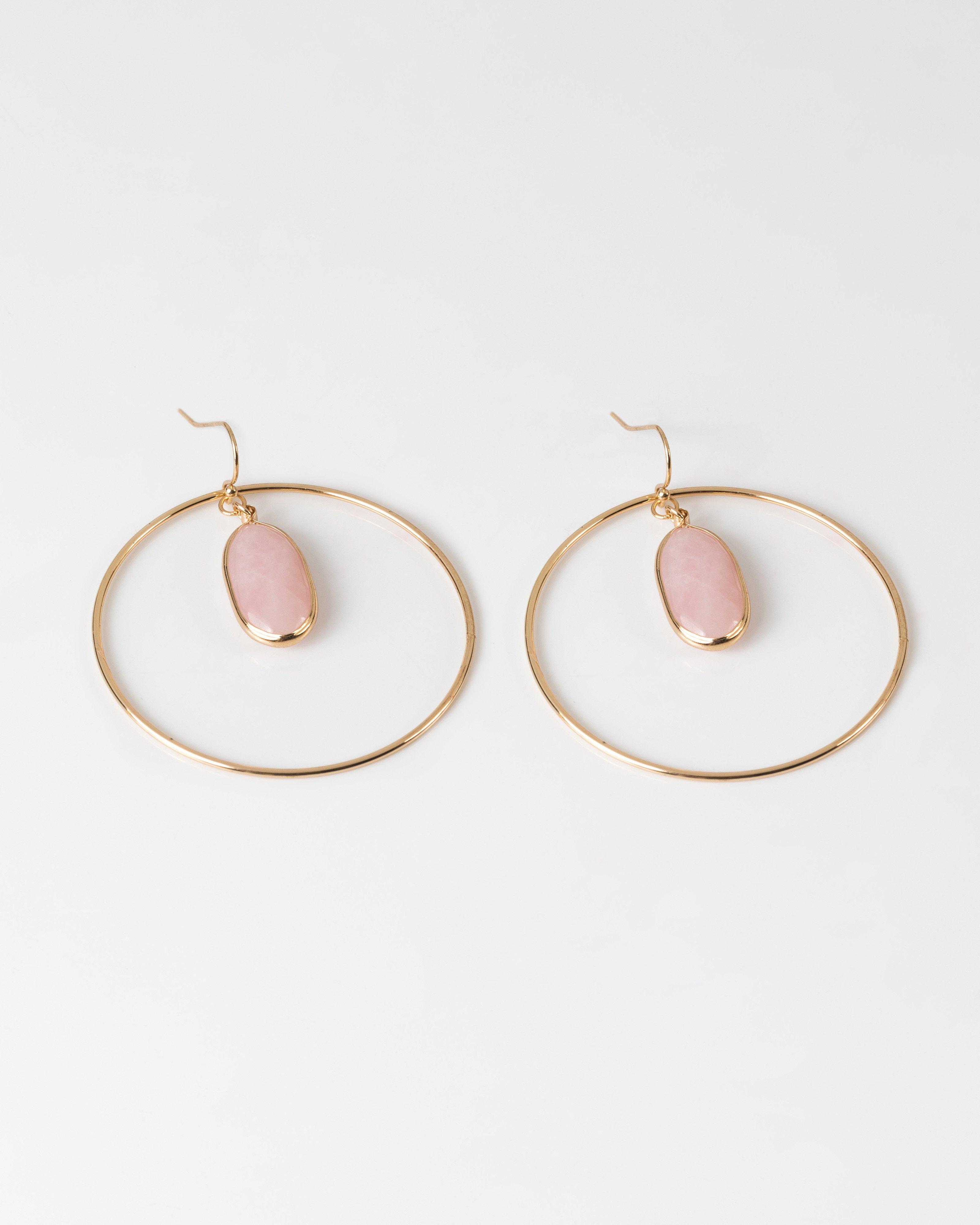 Circle Ring Natural Stone Earrings -  pink