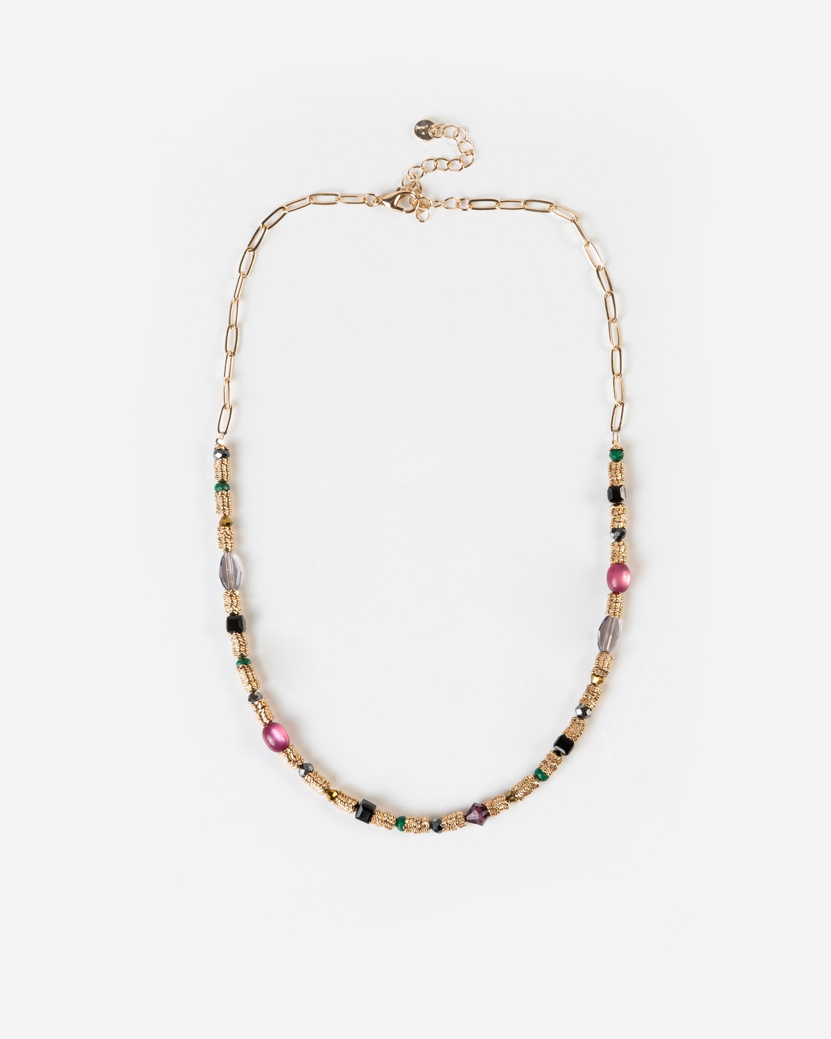 Bead & Metal Disk Chain Necklace -  black