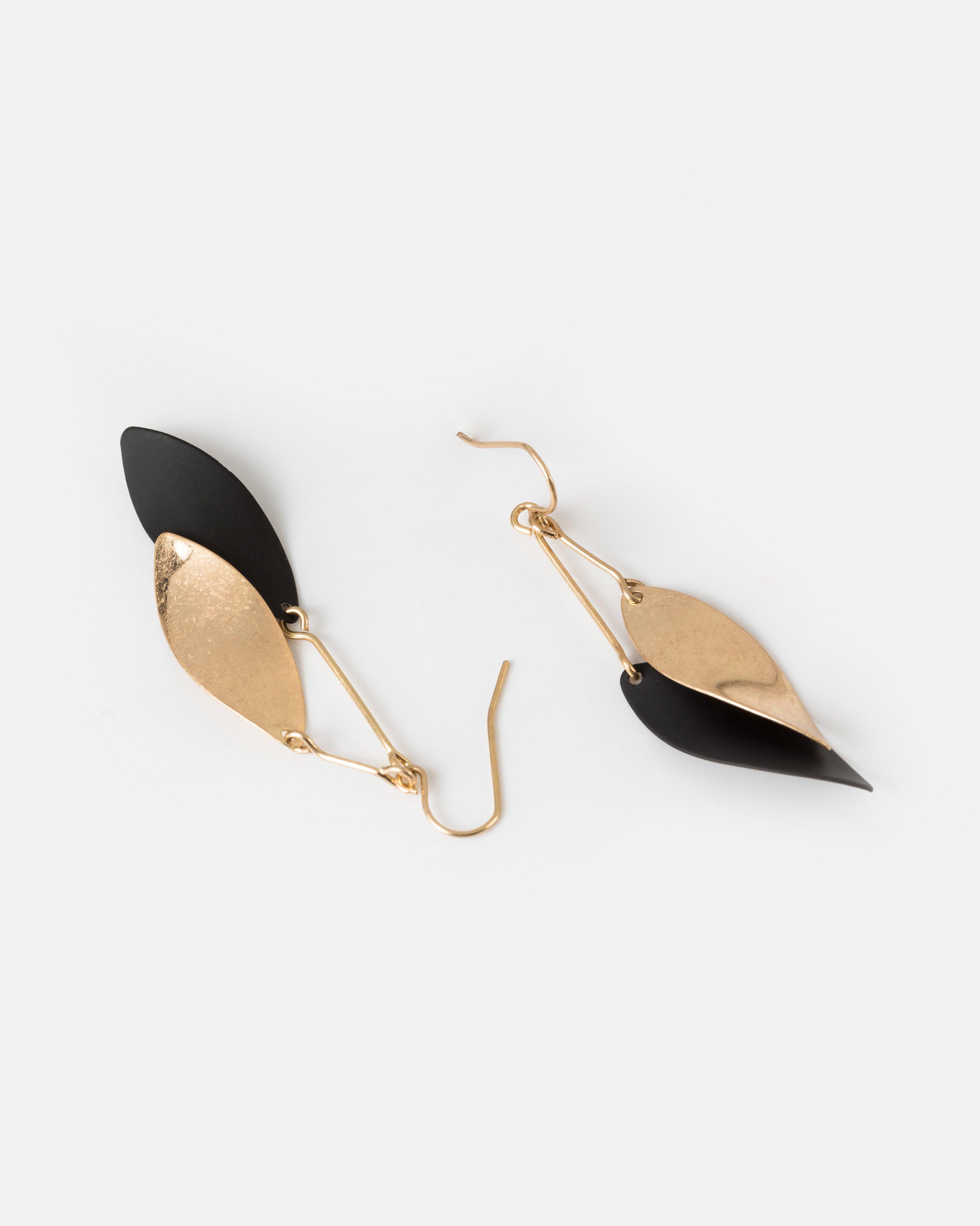 Double Leaf Epoxy Drop Earrings -  black