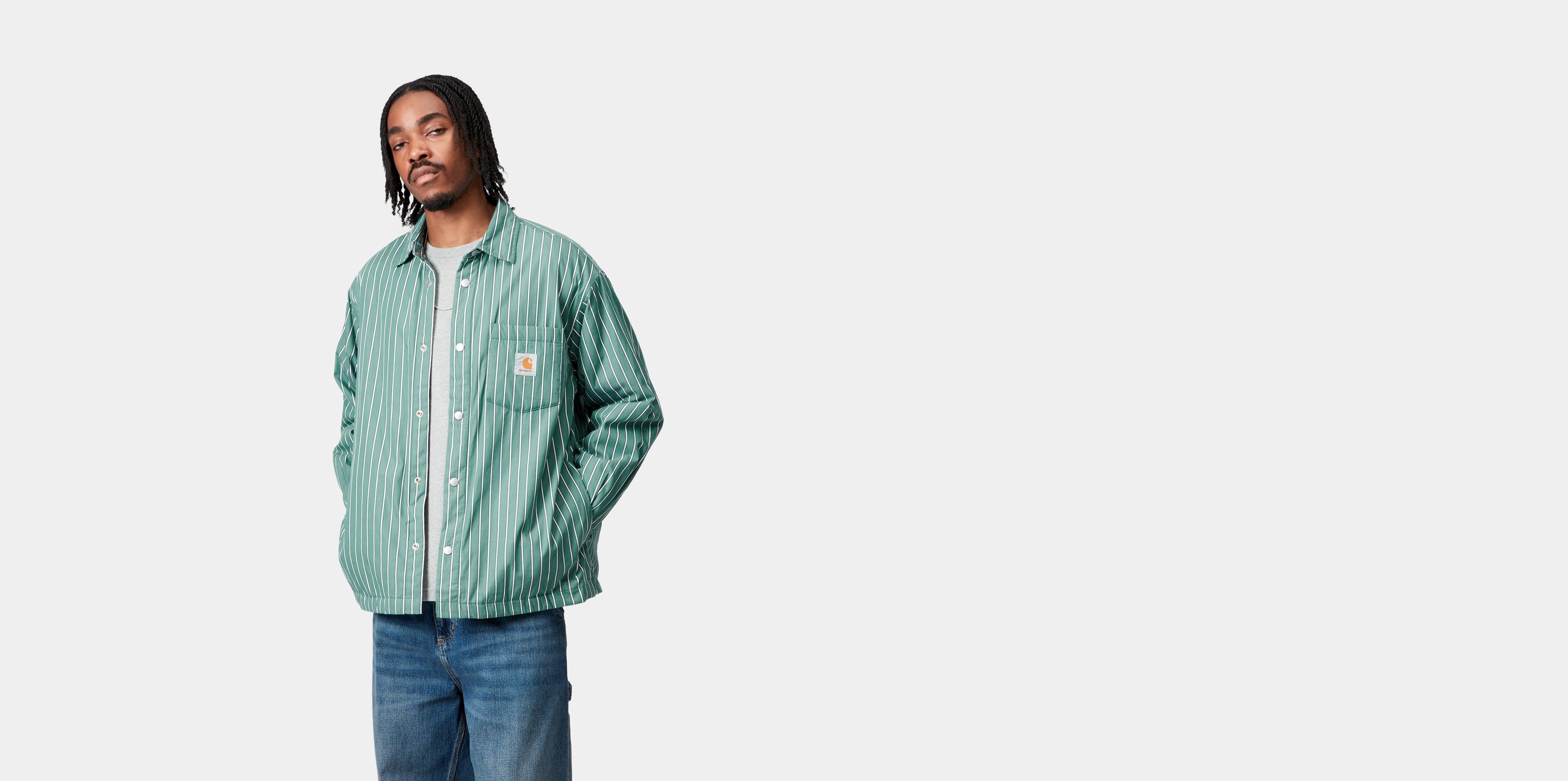 Tシャツ・カットソー Carhartt FW25 'Grimsby' overshirt (I035156 30MXX) Carhartt WIP Grimsby Shirt Jac, Grimsby Stripe, Saguaro